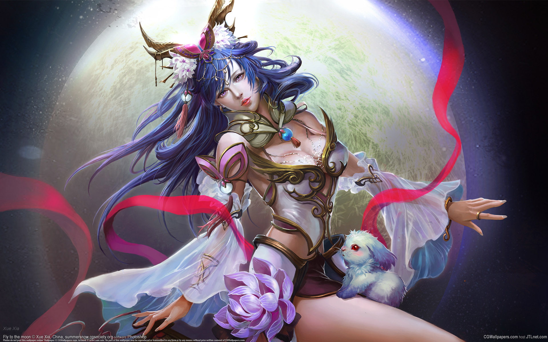 blue, rabbit, character, girl, female, art, haired, fictional, 1080P, flower, Xue Xia, tape, the moon, HD Wallpaper