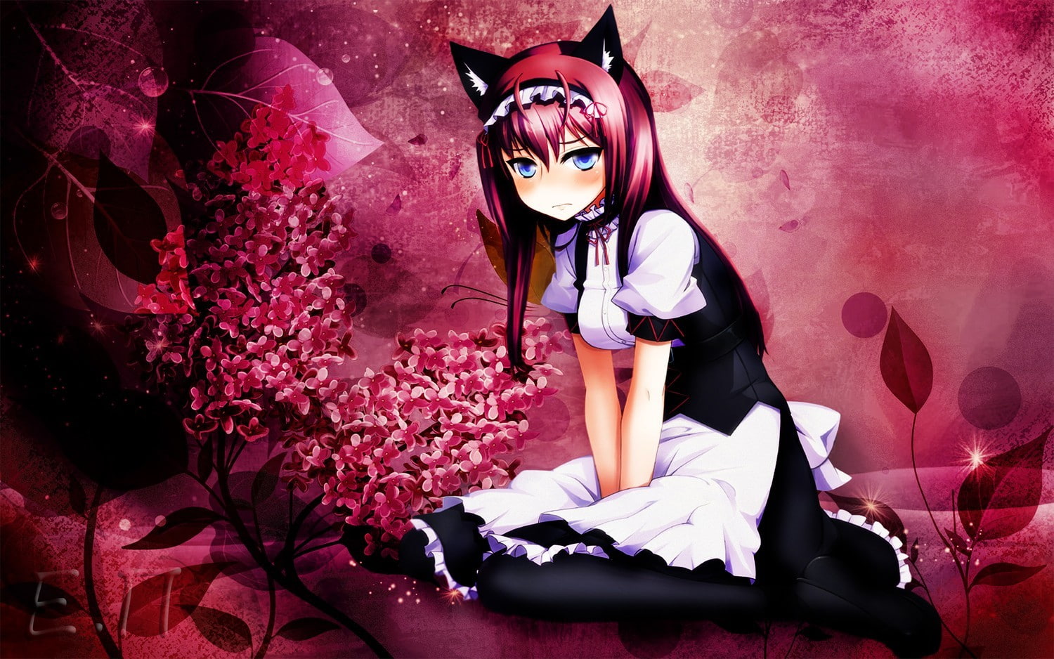 women, young women, contemplation, beauty in nature, looking at camera, make-up, maid, beautiful woman, maid outfit, plant, full length, cat ears, pink color, HD Wallpaper