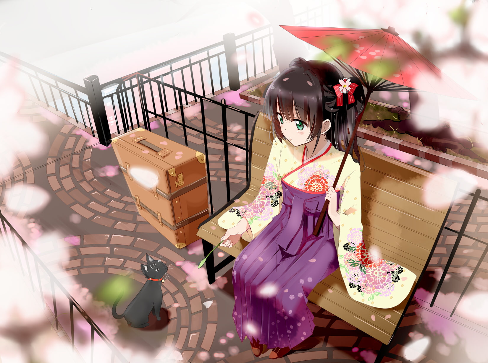 eyes, blush, 720P, gochou, original, umbrella, green, kimono, japanese, black, animal, petals, clothes, hair, cat, (comedia80), konachan, com, 255394, HD Wallpaper