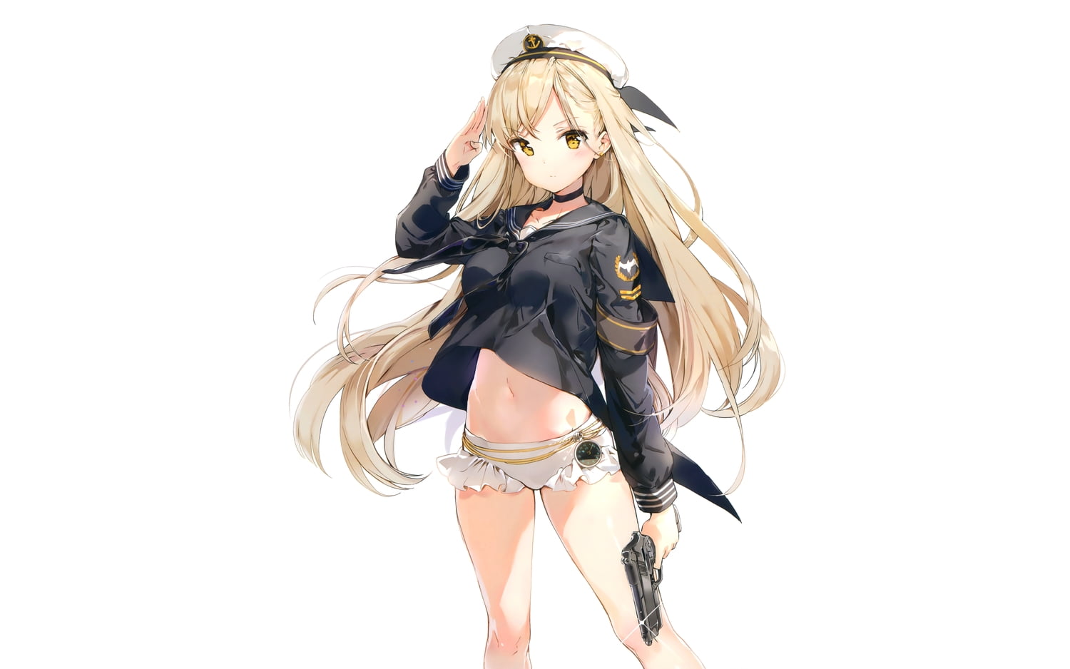 military, gun, hat, Anmi, weapon, uniform, long hair, choker, yellow eyes, 720P, HD Wallpaper