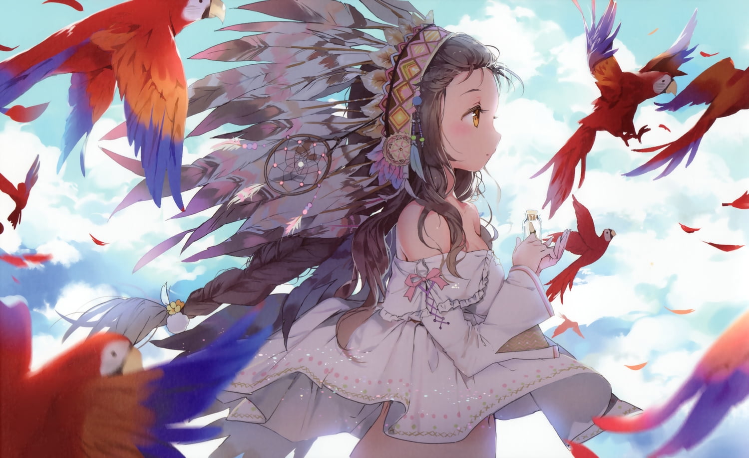Anmi, 720P, sky, long hair, feathers, scan, HD Wallpaper