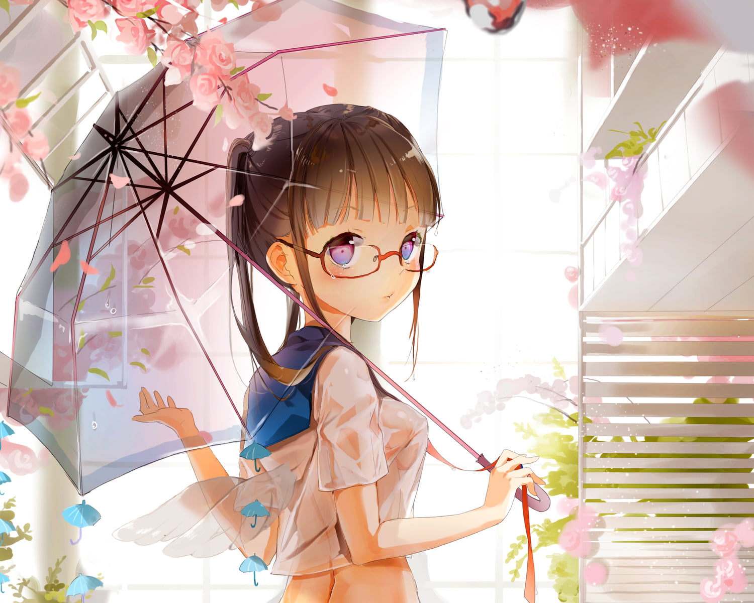 flowers, pink eyes, 720P, wet, petals, glasses, umbrella, Anmi, HD Wallpaper