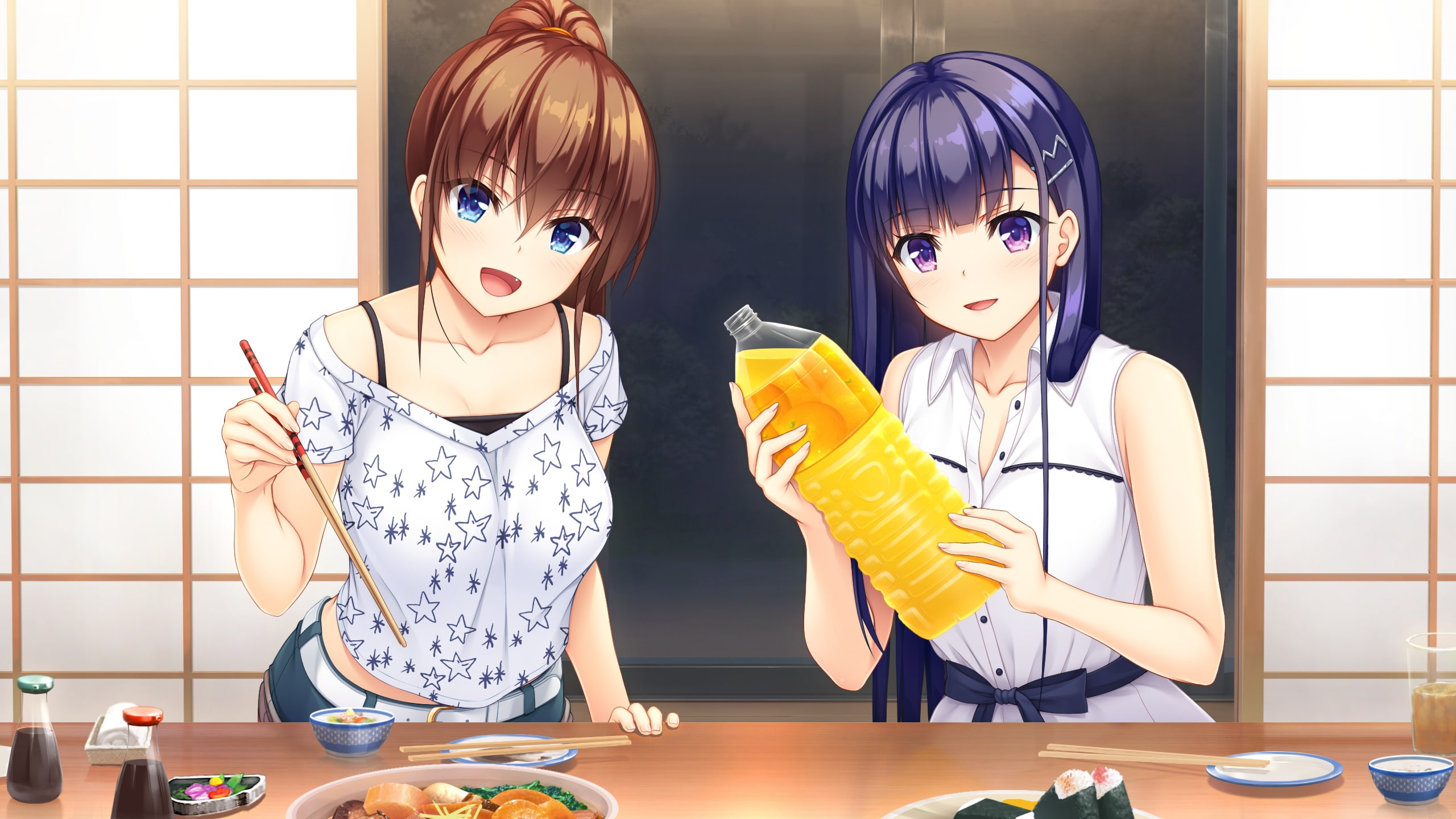 long, hair, game, konachan, 257493, hibiki, haruka, com, food, drink, 2K, purple, fang, works, aqua, 2girls, asami, shorts, blush, blue, eyes, brown, fujisaki, HD Wallpaper