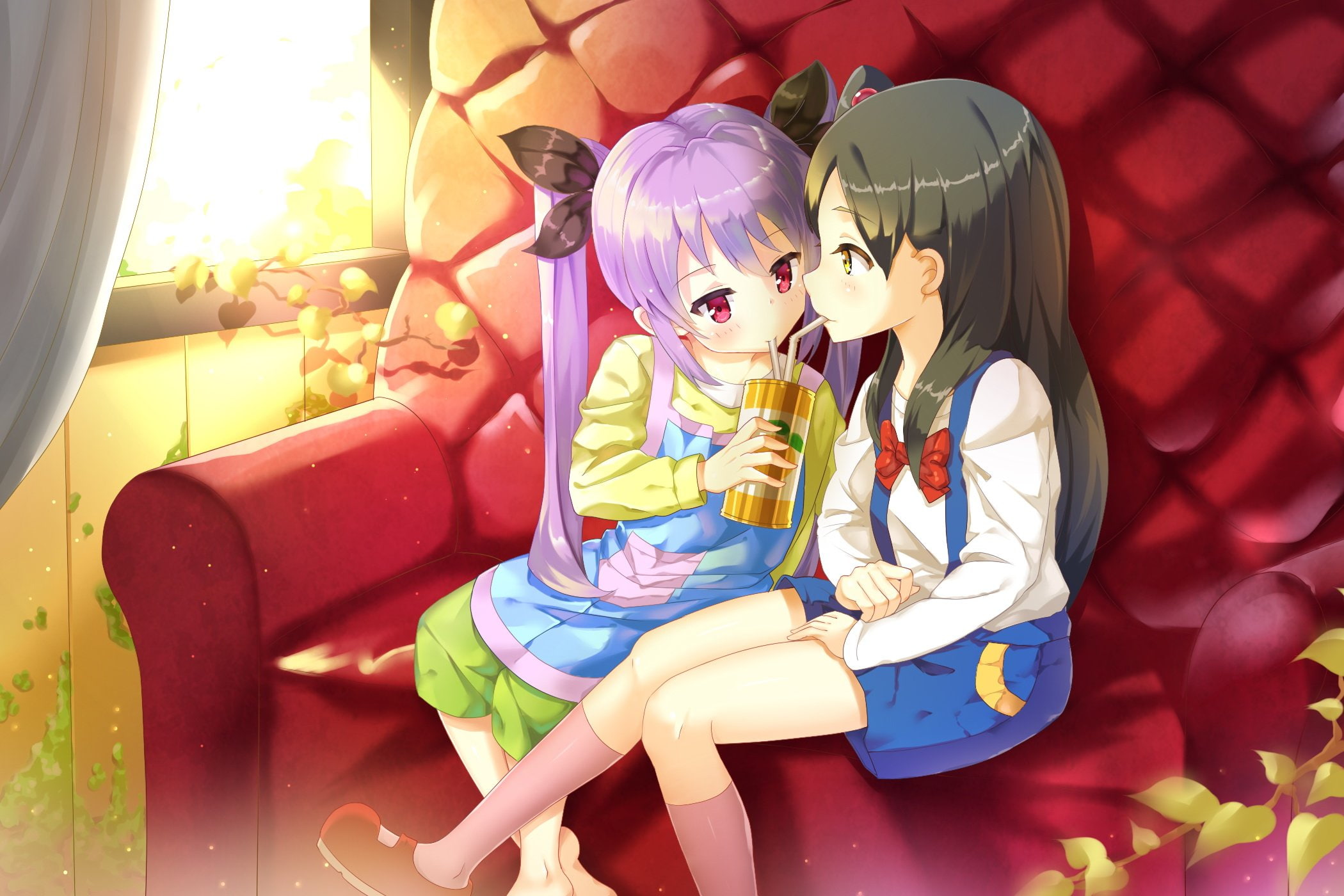 bow, 1080P, girls, long, loli, black, food, kneehighs, crossover, drink, hair, HD Wallpaper