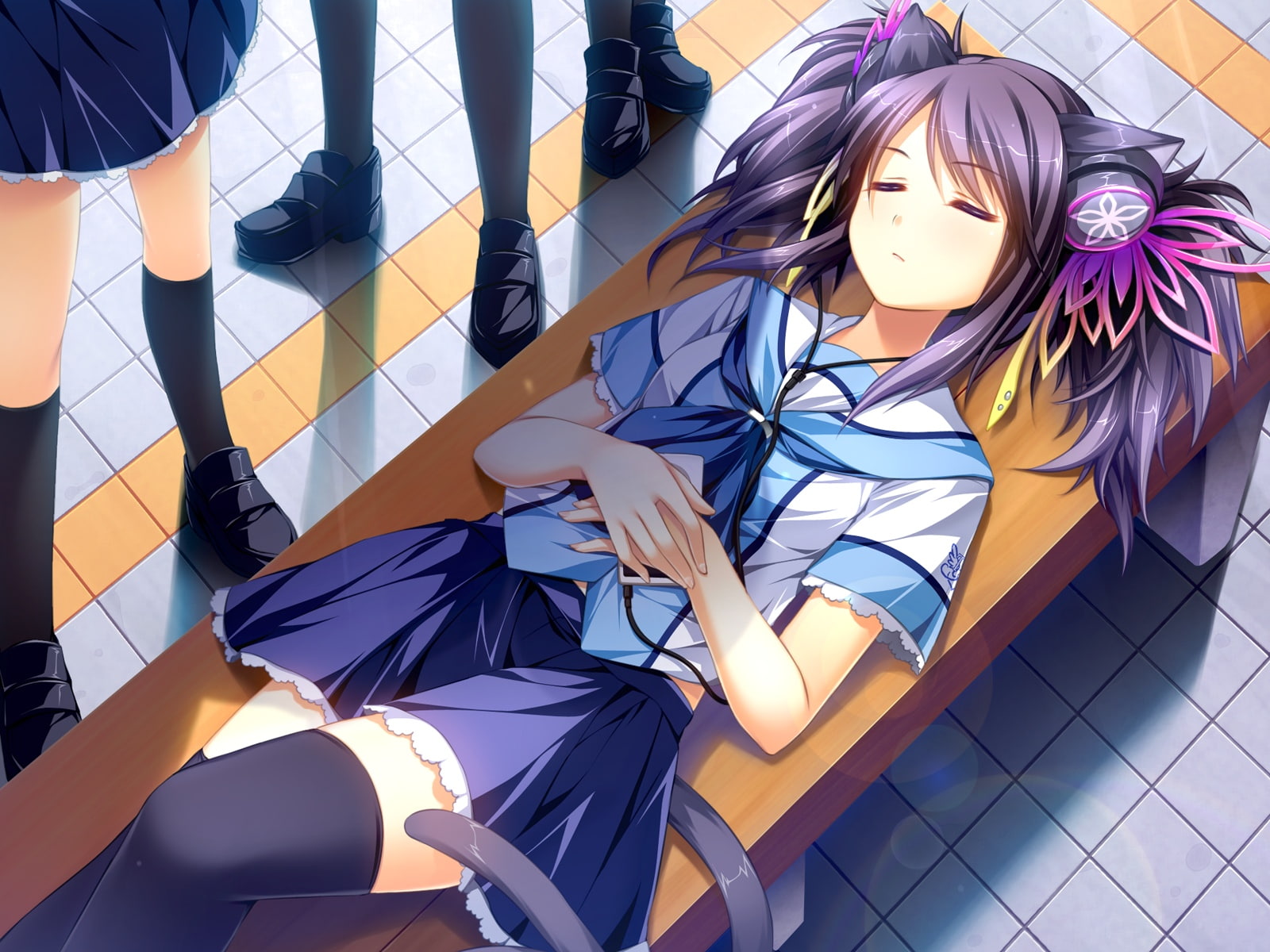 infinity, catgirl, animal, kneehighs, thighhighs, seifuku, sleeping, otomimi, headphones, hair, ears, tail, game, purple, mayoi, suzune, 720P, HD Wallpaper