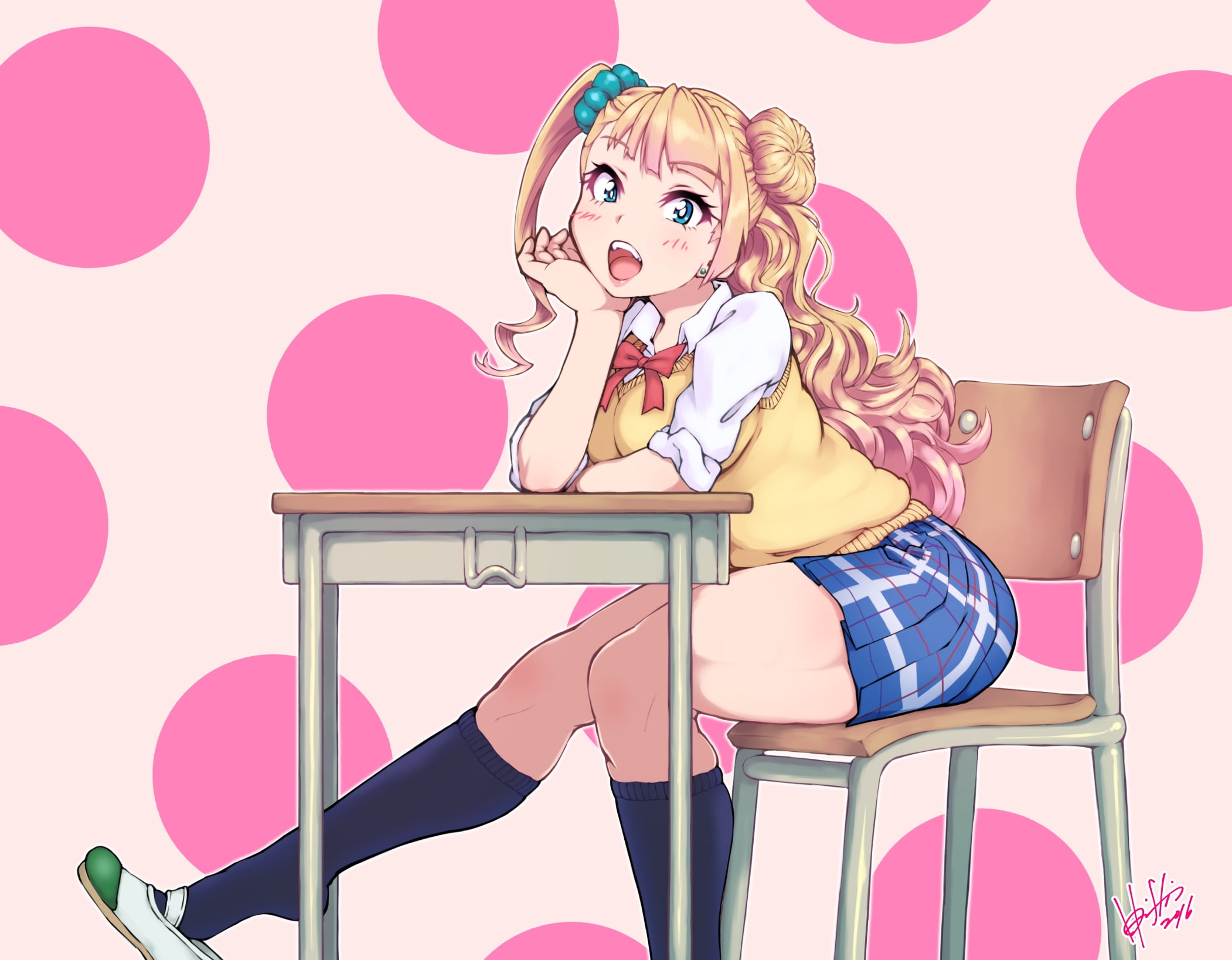 com, 242212, kneehighs, gyaruko, konachan, oshiete!, hori, gyaruko-chan, shin, seifuku, blonde, hair, 1080P, HD Wallpaper