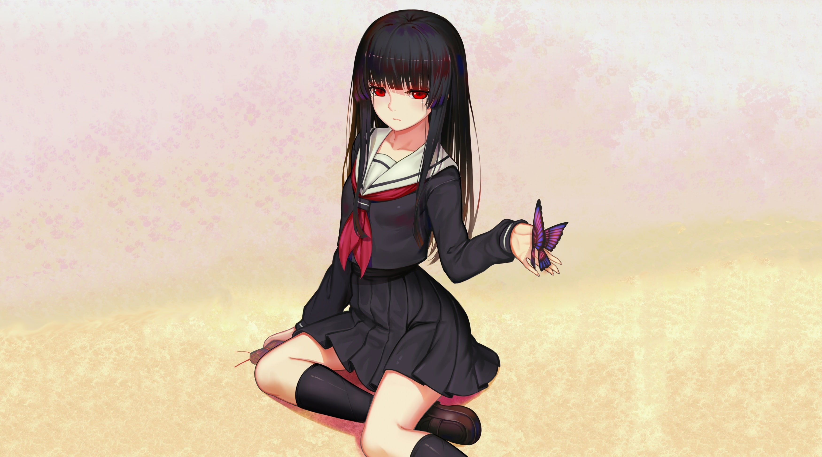 shoujo, black, 2K, jigoku, konachan, photoshop, long, 237945, hair, seifuku, eyes, kneehighs, com, enma, skirt, butterfly, doll, red, HD Wallpaper