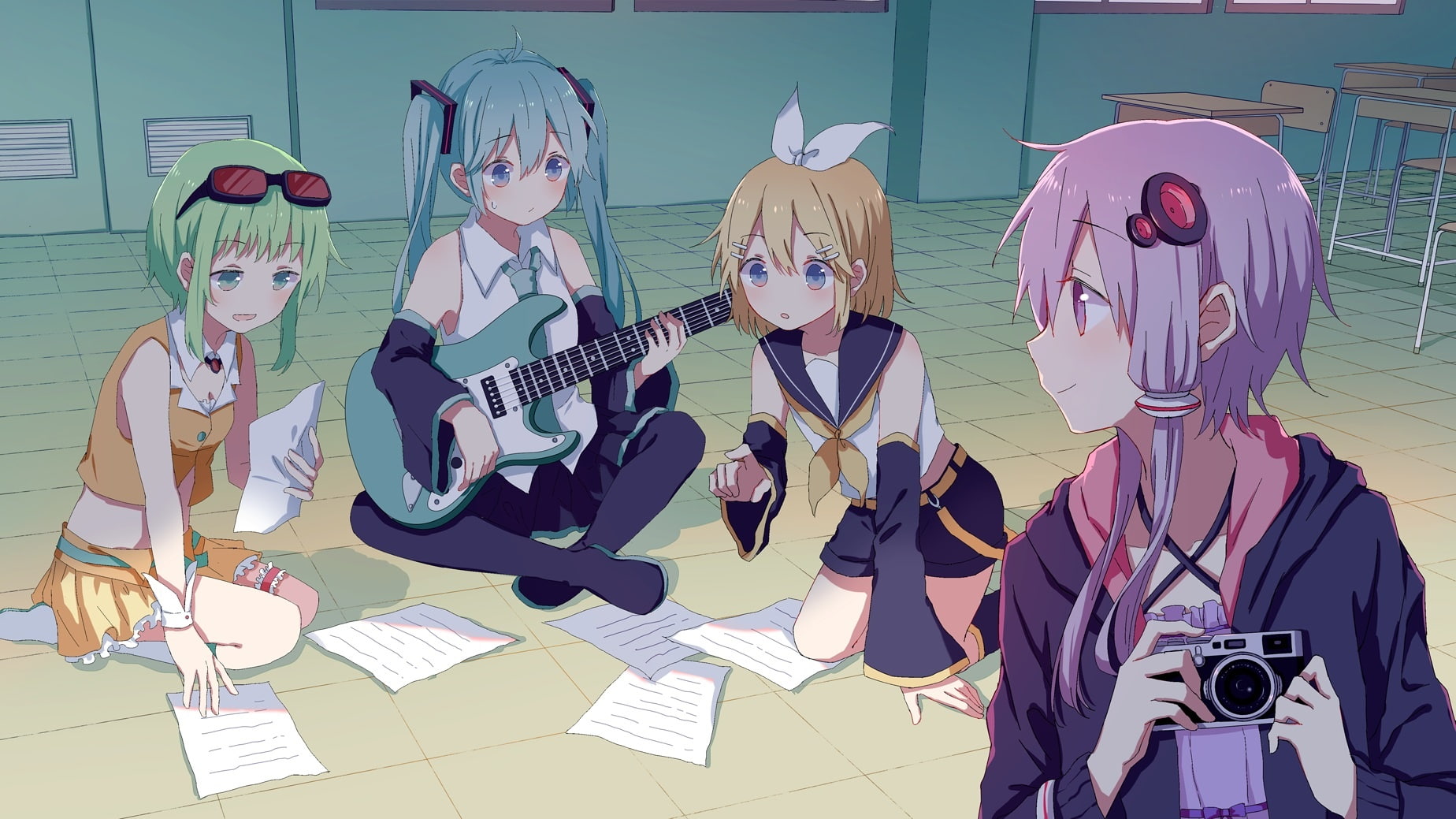 camera, 249206, com, gumi, short, instrument, tie, aliasing, green, vocaloid, hair, voiceroid, 720P, kneehighs, konachan, group, paper, eyes, guitar, glasses, HD Wallpaper