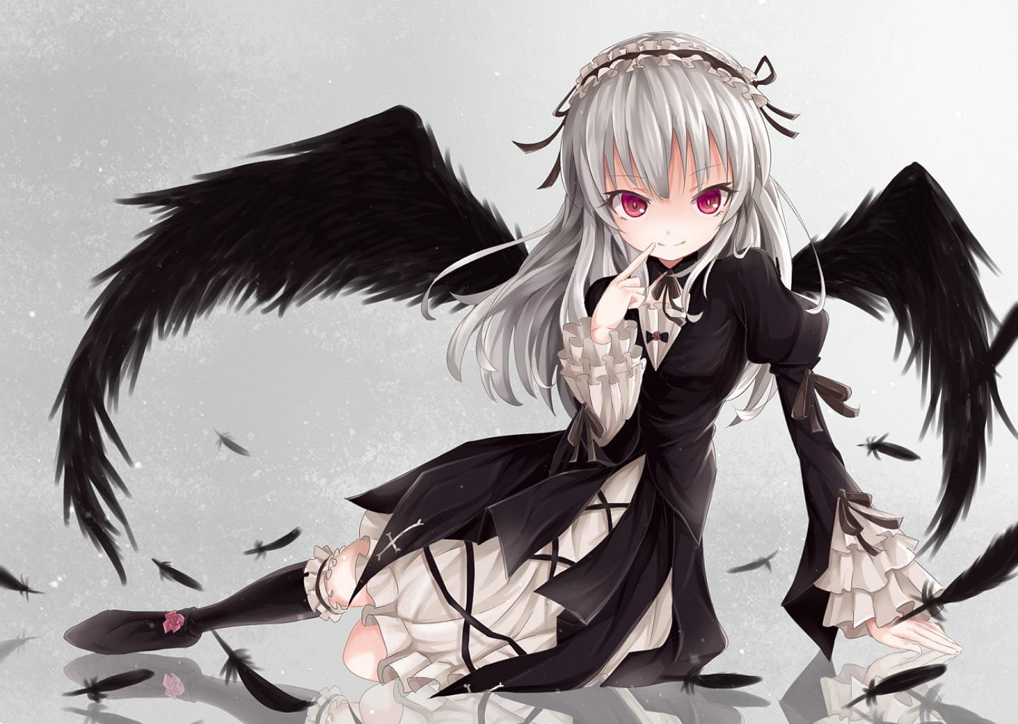 kneehighs, suigintou, nikkunemu, long, feathers, maiden, headdress, rozen, white, hair, gothic, fashion, 720P, wings, lolita, HD Wallpaper