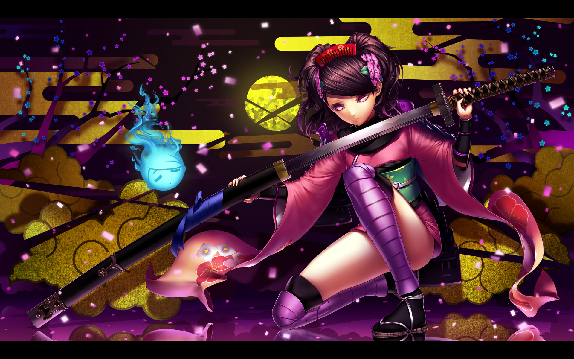 1080P, oboro, short, eyes, weapon, headdress, hair, momohime, clothes, black, pink, japanese, kneehighs, muramasa, master kouhei, sword, katana, HD Wallpaper