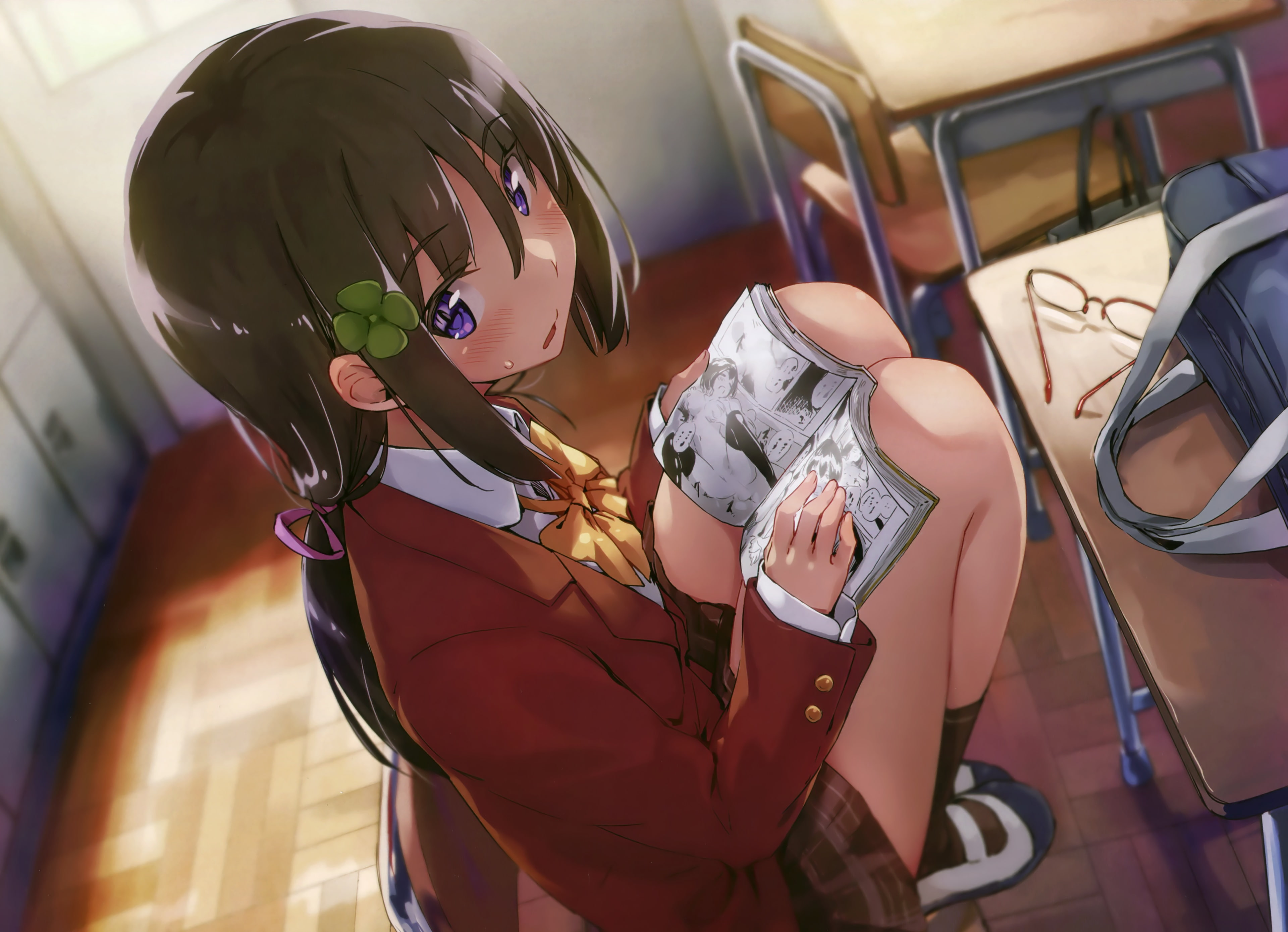 book, kneehighs, glasses, seifuku, scan, 260032, konachan, skirt, purple, (artist), 4K, com, blush, ponytail, eyes, bow, hair, tagme, long, brown, HD Wallpaper