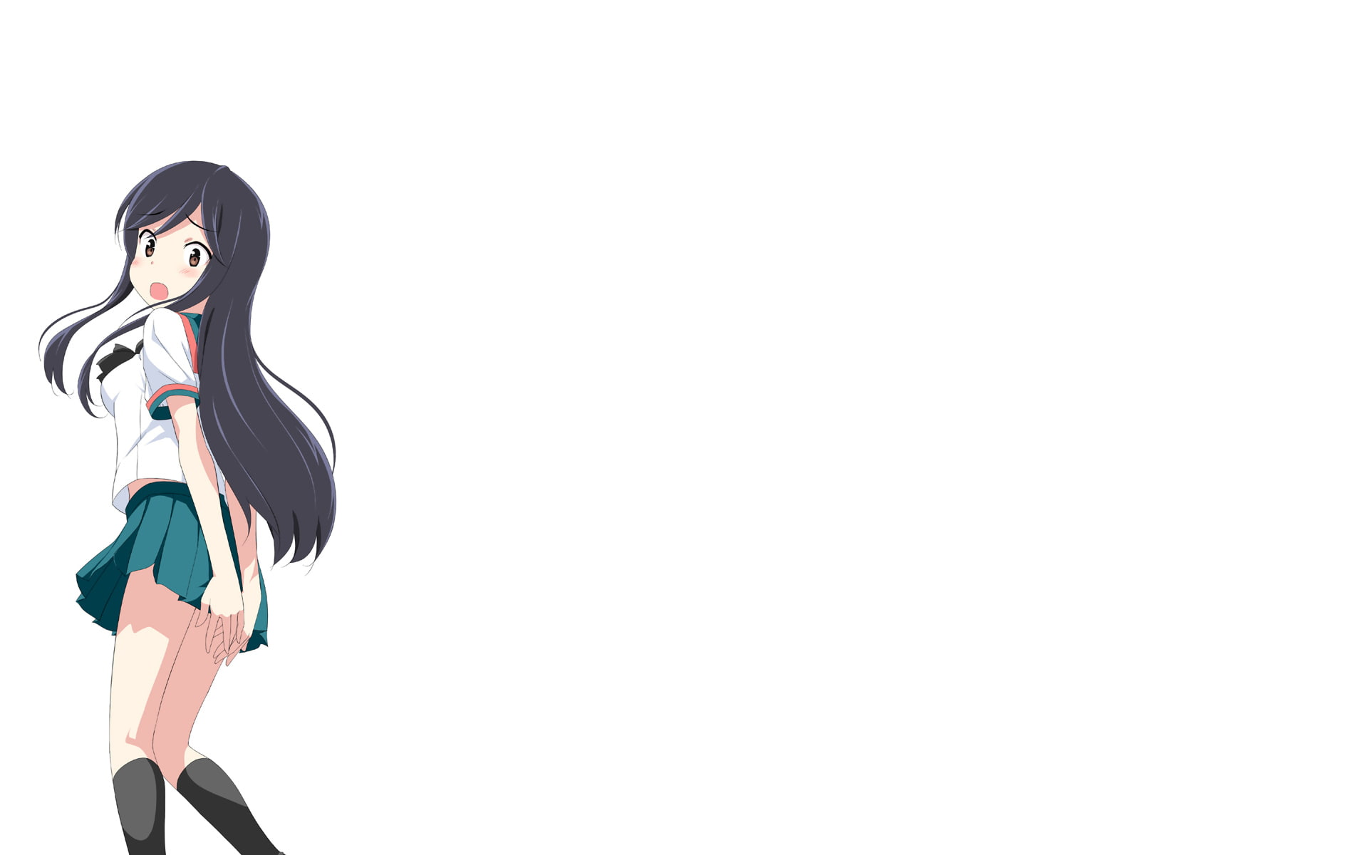 skirt, blush, hair, white, nishi, seifuku, takayaki, black, long, 1080P, a channel, kneehighs, eyes, brown, yuuko, HD Wallpaper