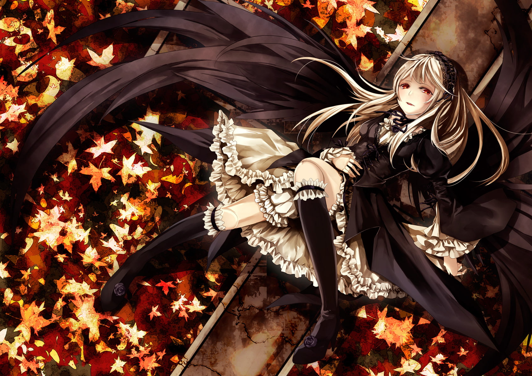 lolita, dress, 720P, kneehighs, wings, memai, maiden, suigintou, eyes, goth loli, fashion, leaves, rozen, gothic, red, HD Wallpaper