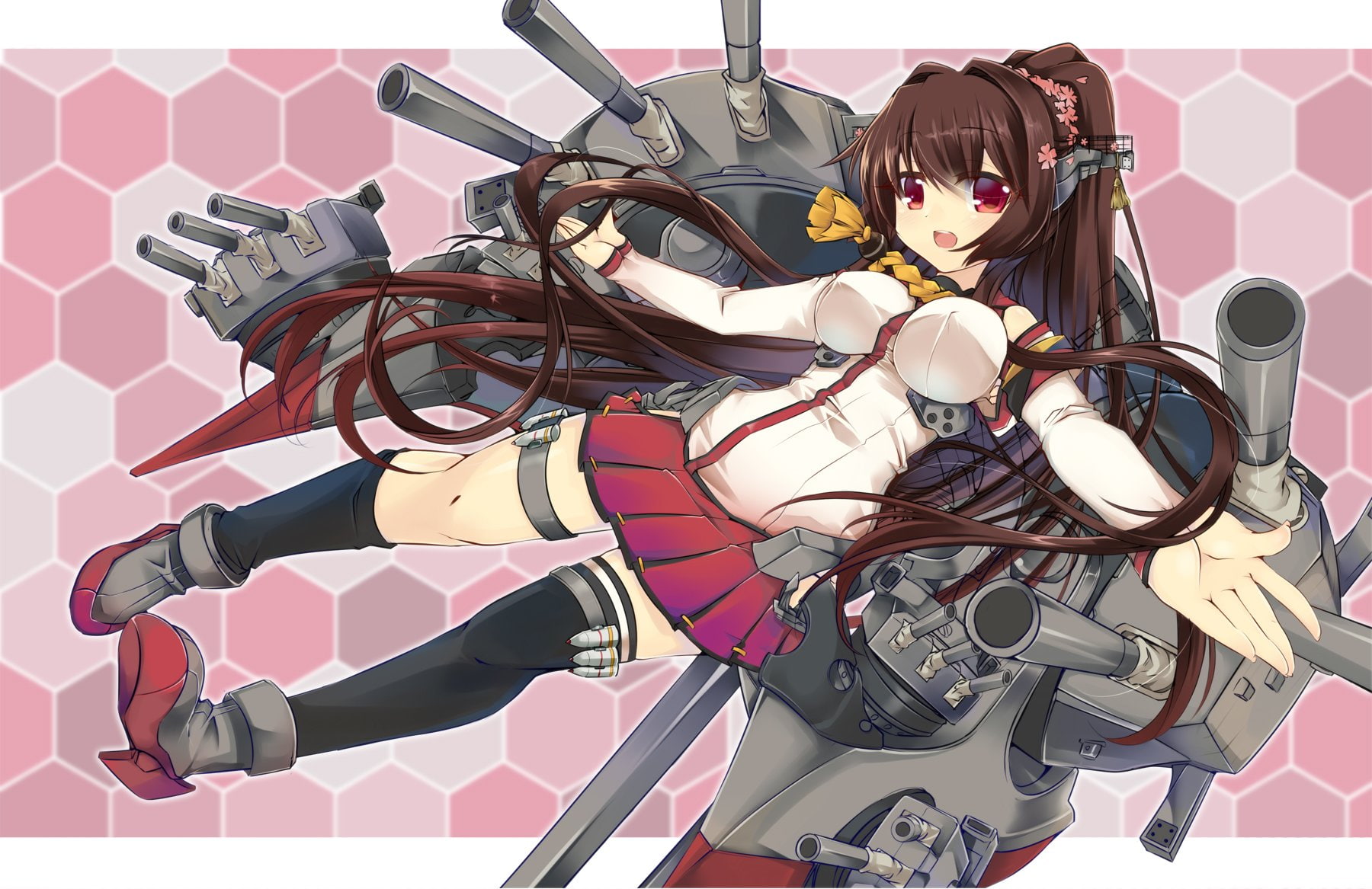 brown, weapon, long, kancolle, eyes, skirt, boots, 720P, ponytail, yamato, kantai, kneehighs, red, sesield, collection, hair, thighhighs, HD Wallpaper