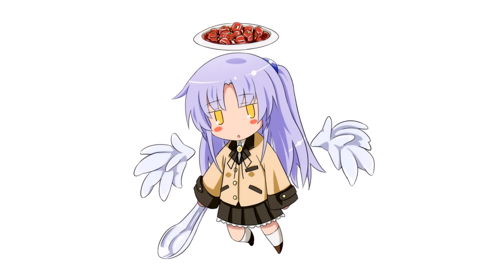 yellow, eyes, food, purple, hair, tachibana, kanade, angel, beats, chibi, long, wings, skirt, seifuku, kneehighs, white, 720P, HD Wallpaper