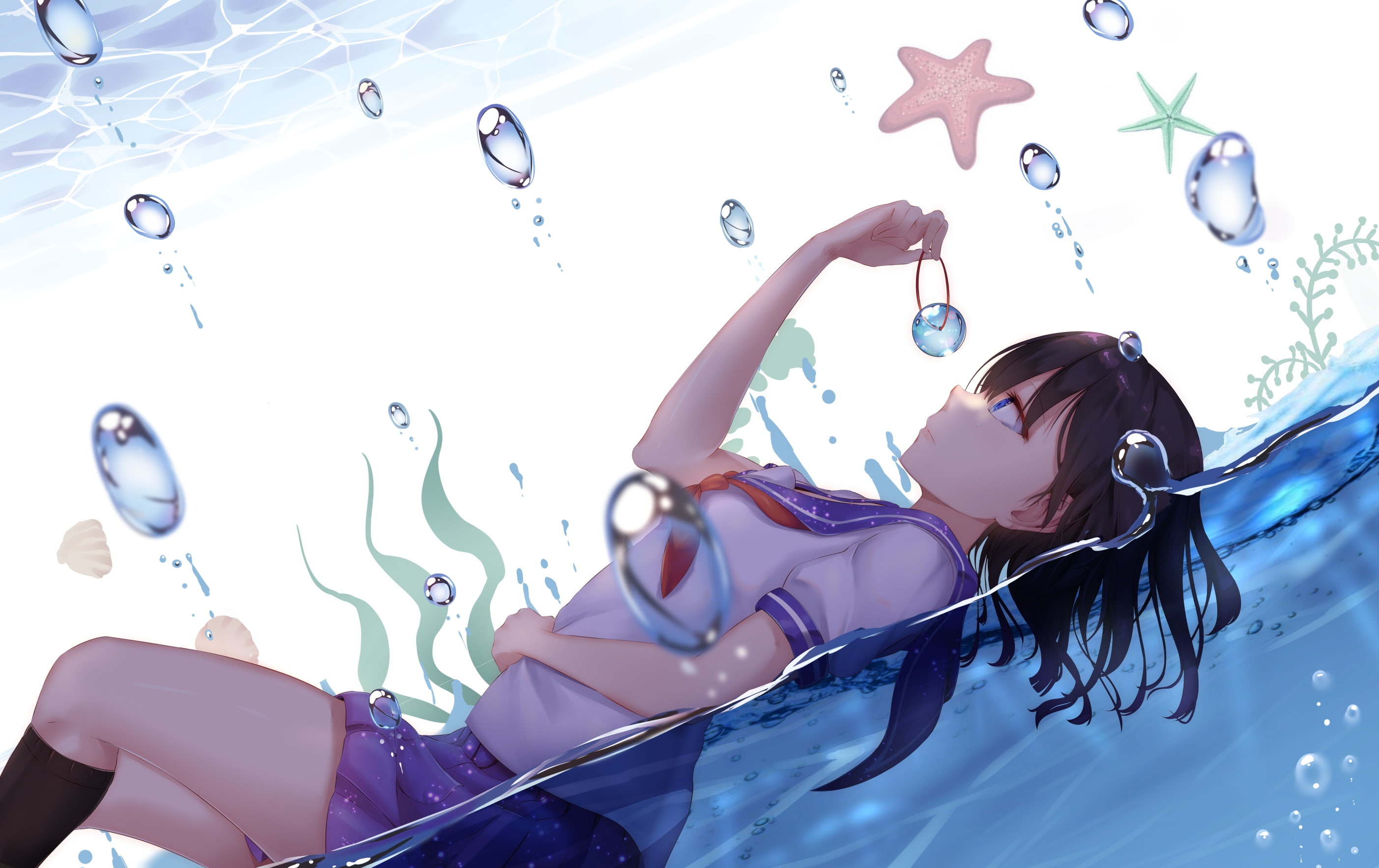 skirt, tagme, eyes, konachan, 2K, blue, original, short, seifuku, black, (artist), water, com, hair, 248766, bubbles, kneehighs, HD Wallpaper