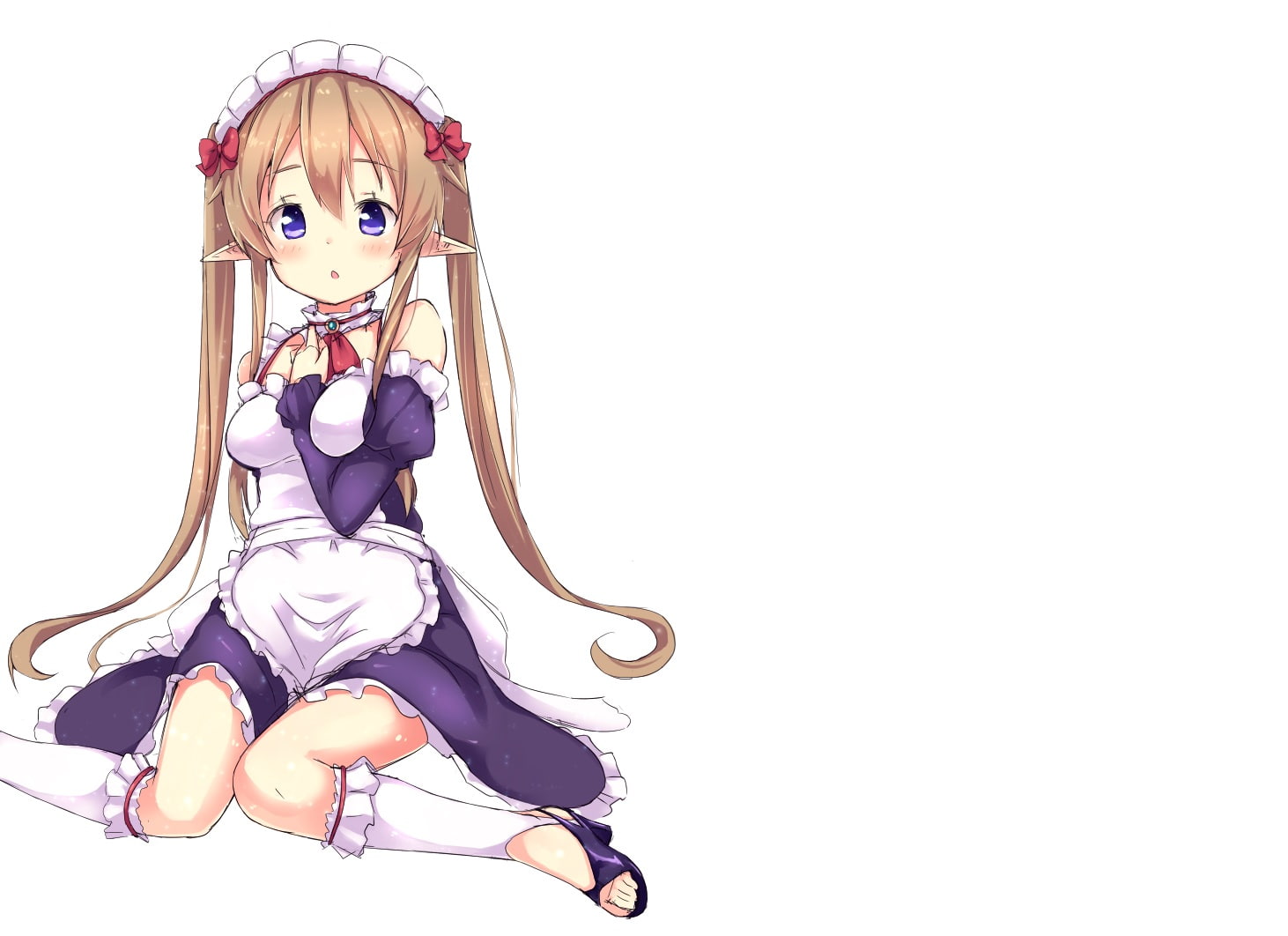 kneehighs, pointed, hair, foaran, eyes, ears, mokoke, 720P, maid, white, purple, myuseru, outbreak, apron, company, long, brown, headdress, twintails, HD Wallpaper