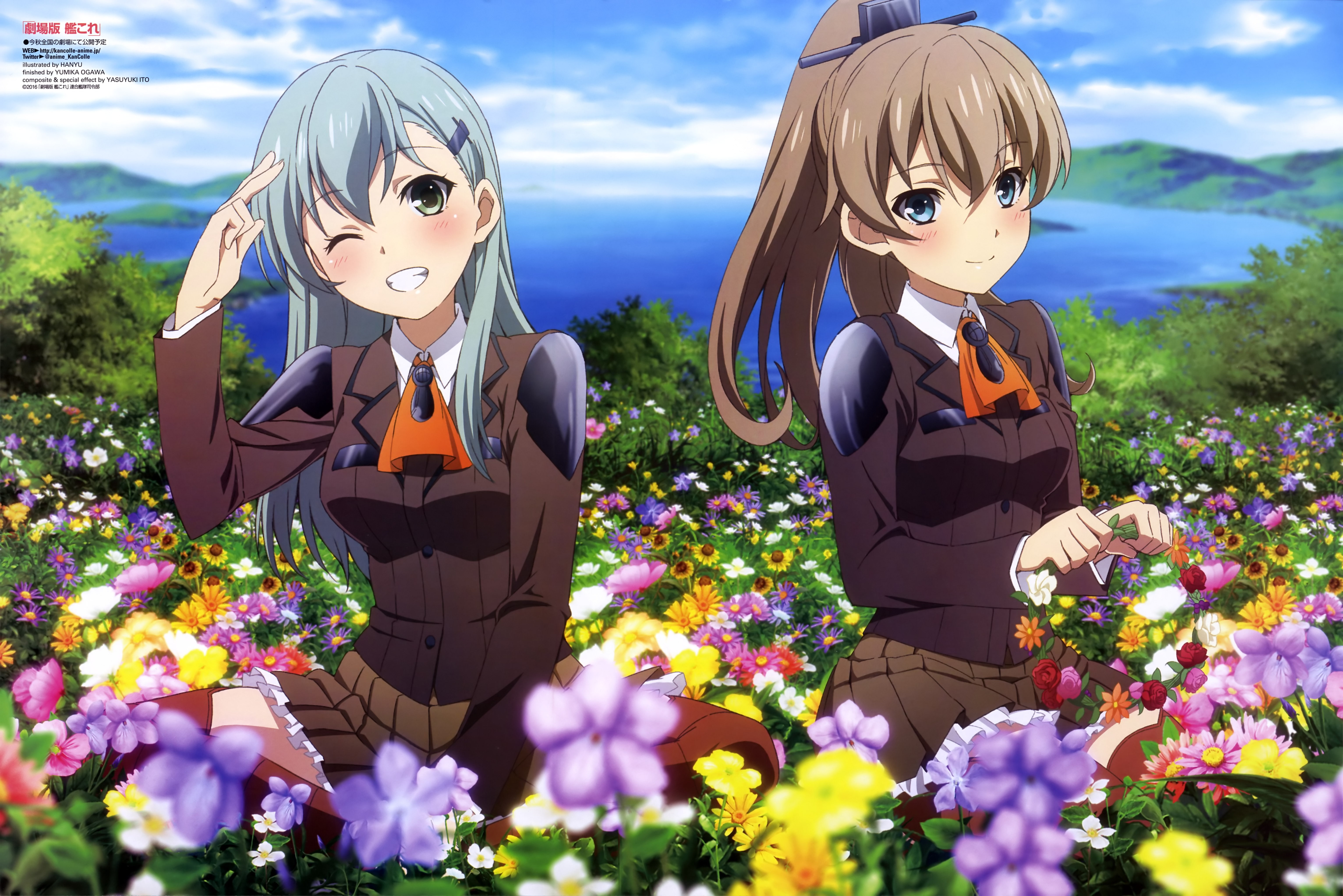 flowers, ponytail, tie, brunette, gray hair, long hair, Kumano (KanColle), Kantai Collection, 5K, skirt, blue eyes, Suzuya (KanColle), anime, anime girls, HD Wallpaper
