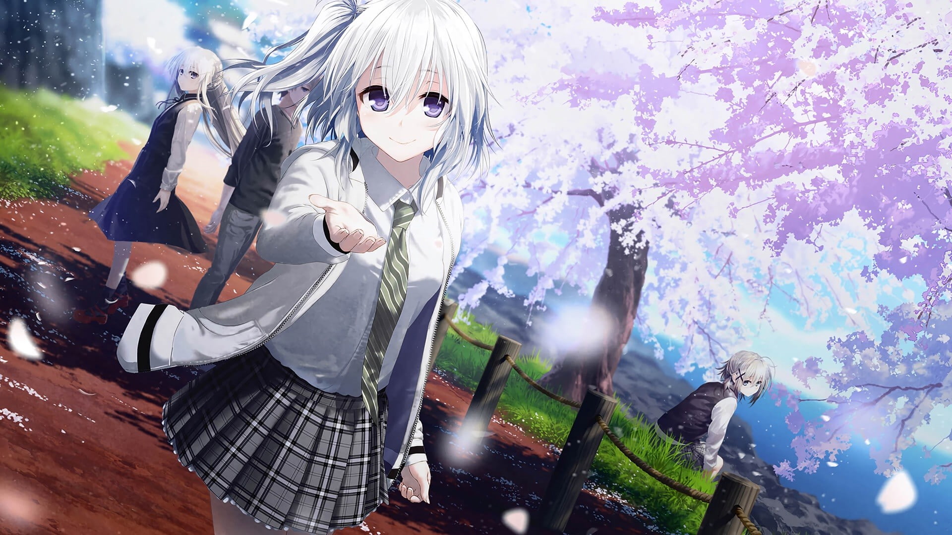 looking at camera, three quarter length, anime, skirt, tree, young women, leisure activity, holding, costume, long hair, tie, one person, front view, grass, HD Wallpaper