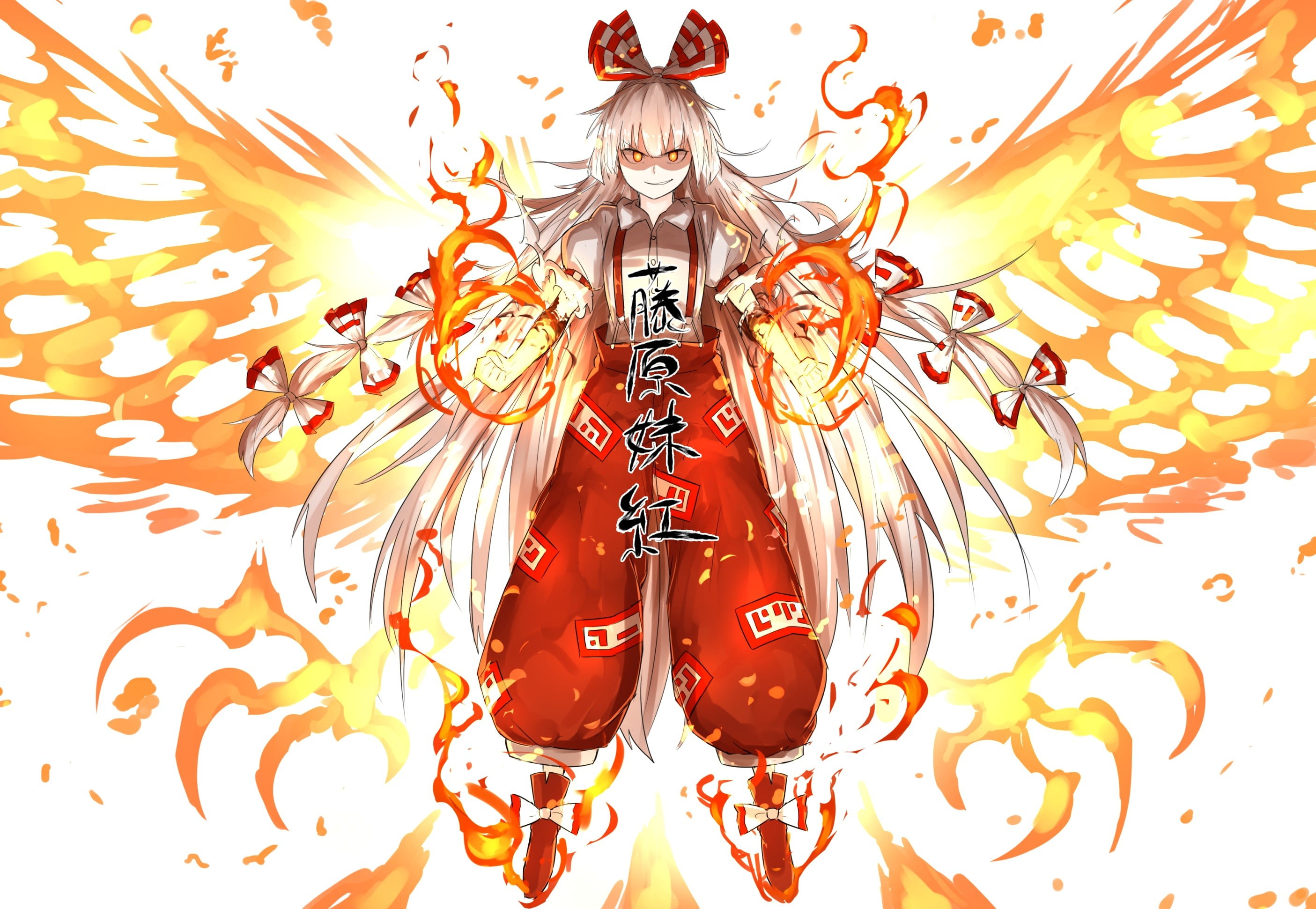 wall - building feature, male, floral pattern, still life, spirituality, art and craft, orange eyes, religion, wings, Fujiwara no Mokou, indoors, HD Wallpaper
