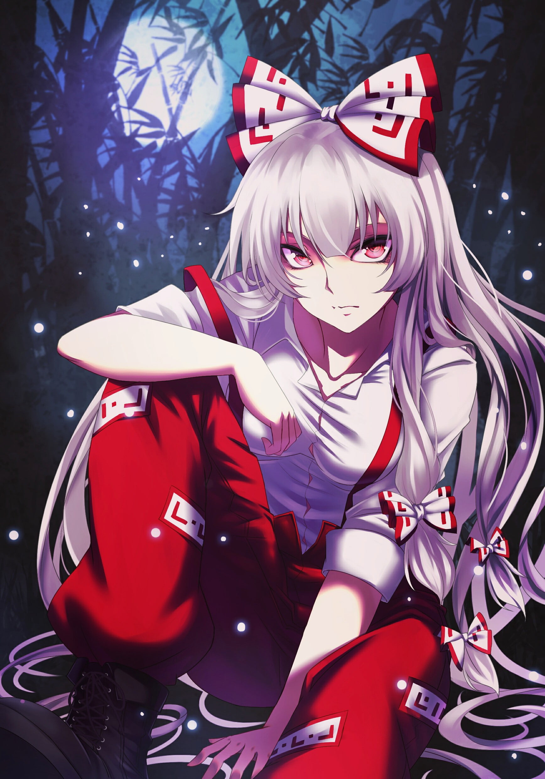 Touhou, 1080P, long hair, anime, Fujiwara no Mokou, gray hair, anime girls, red eyes, Phone HD Wallpaper
