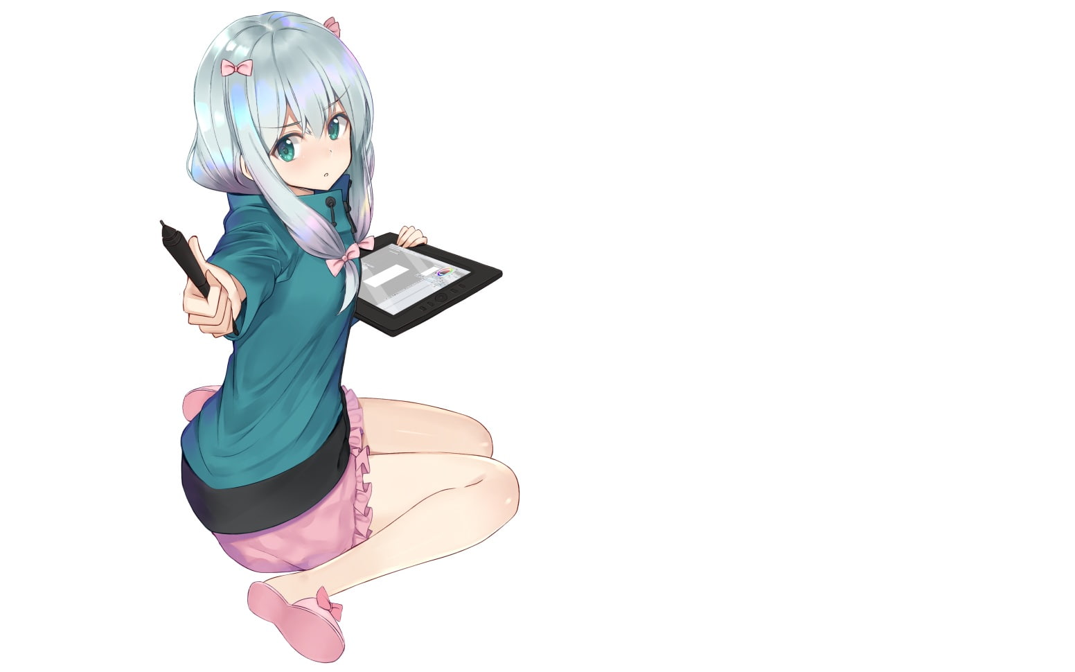 white  background, Izumi Sagiri, Eromanga-sensei, 720P, gray hair, shorts, hoods, loli, green eyes, long hair, HD Wallpaper