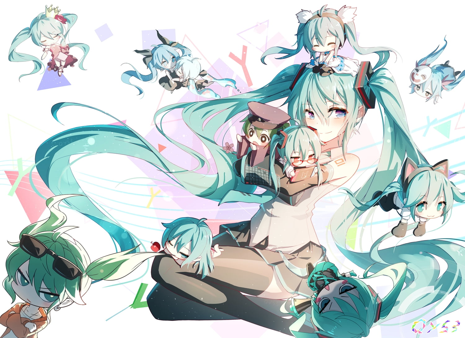 animal ears, Hatsune Miku, hat, Vocaloid, headband, twintails, mask, 720P, sunglasses, blush, thighhighs, Bai Yemeng, blue eyes, skirt, Bottle Miku, blue, HD Wallpaper