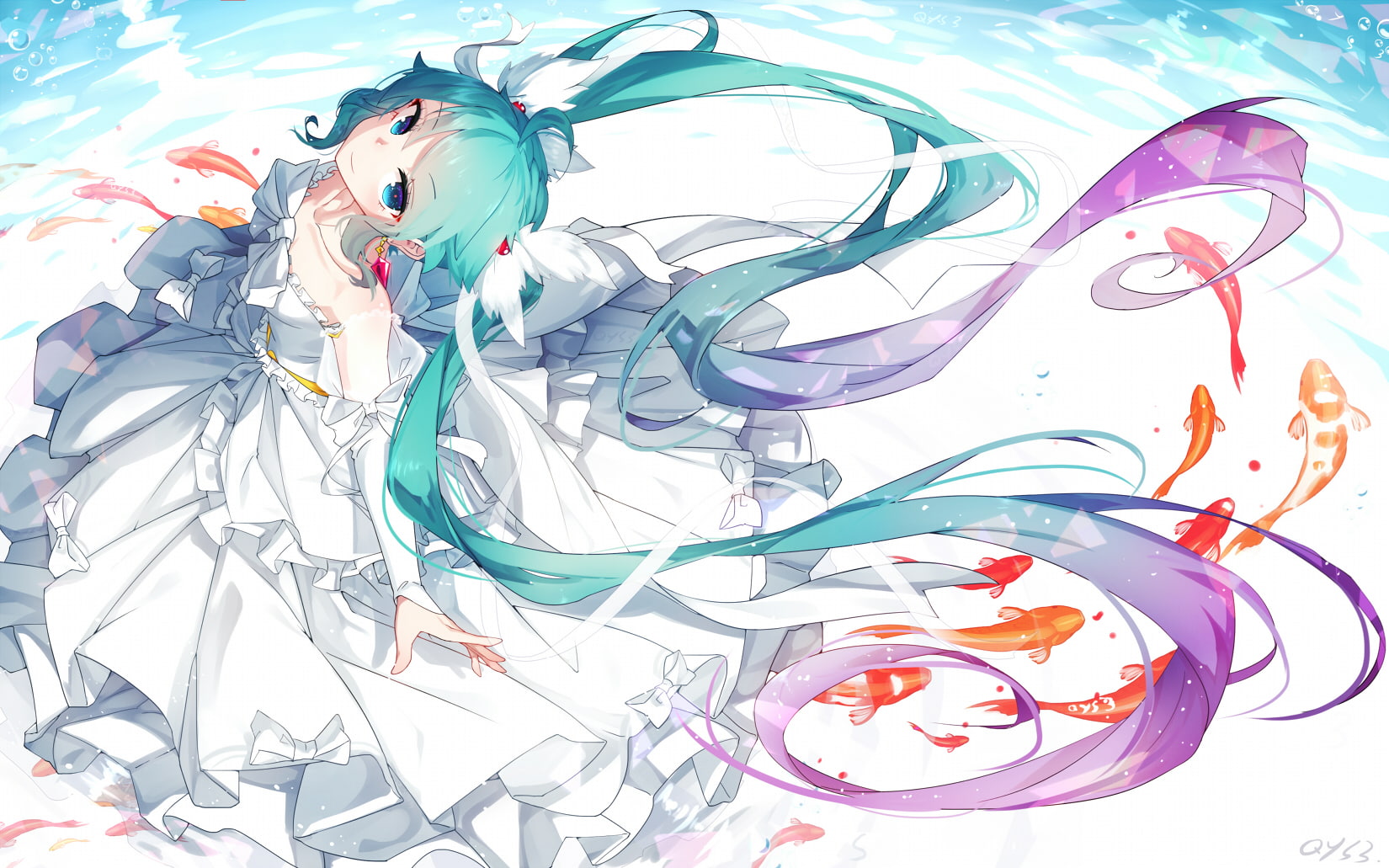 hatsune, fish, aqua, 720P, dress, bai, vocaloid, konachan, long, hair, animal, miku, signed, eyes, com, twintails, yemeng, 254892, bow, HD Wallpaper