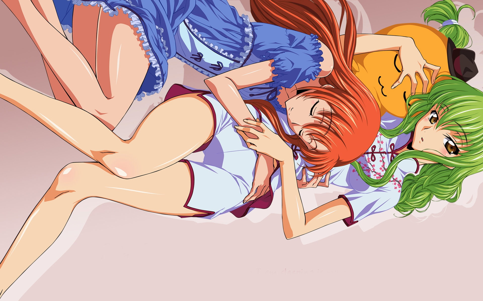 haired, Anime, green, Sleeping, Girl, Two, woman, 1080P, character, orange, HD Wallpaper