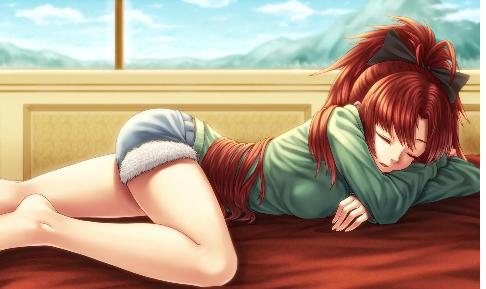 focus on foreground, day, home interior, anime, girl, sleep, character, real people, redhead, relaxation, indoors, leisure activity, hairstyle, female, HD Wallpaper