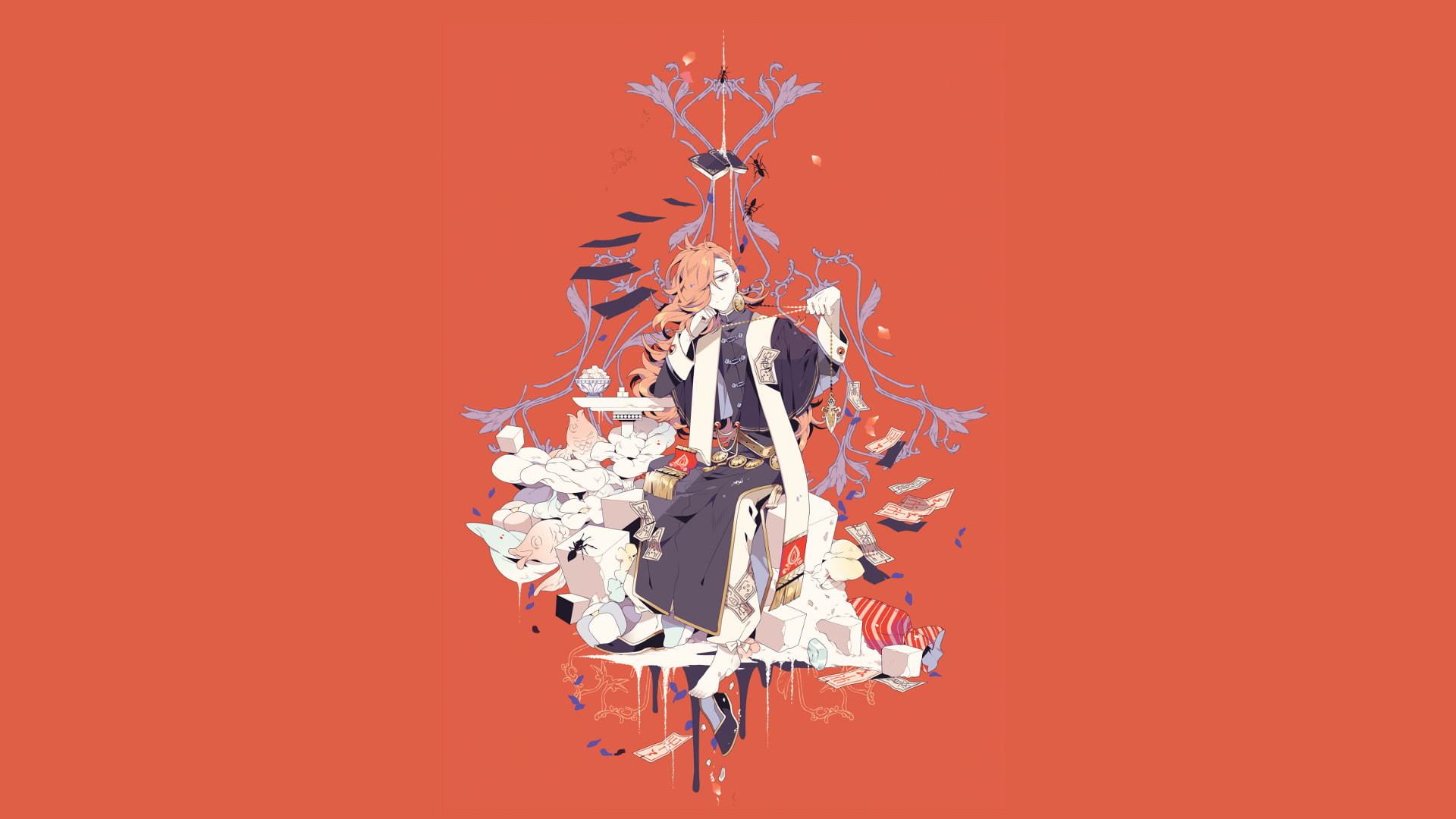 cloaks, scarf, simple background, orange, 1080P, redhead, men, books, anime, Pixiv Fantasia: Fallen Kings, ants, Micha (PFFK), HD Wallpaper