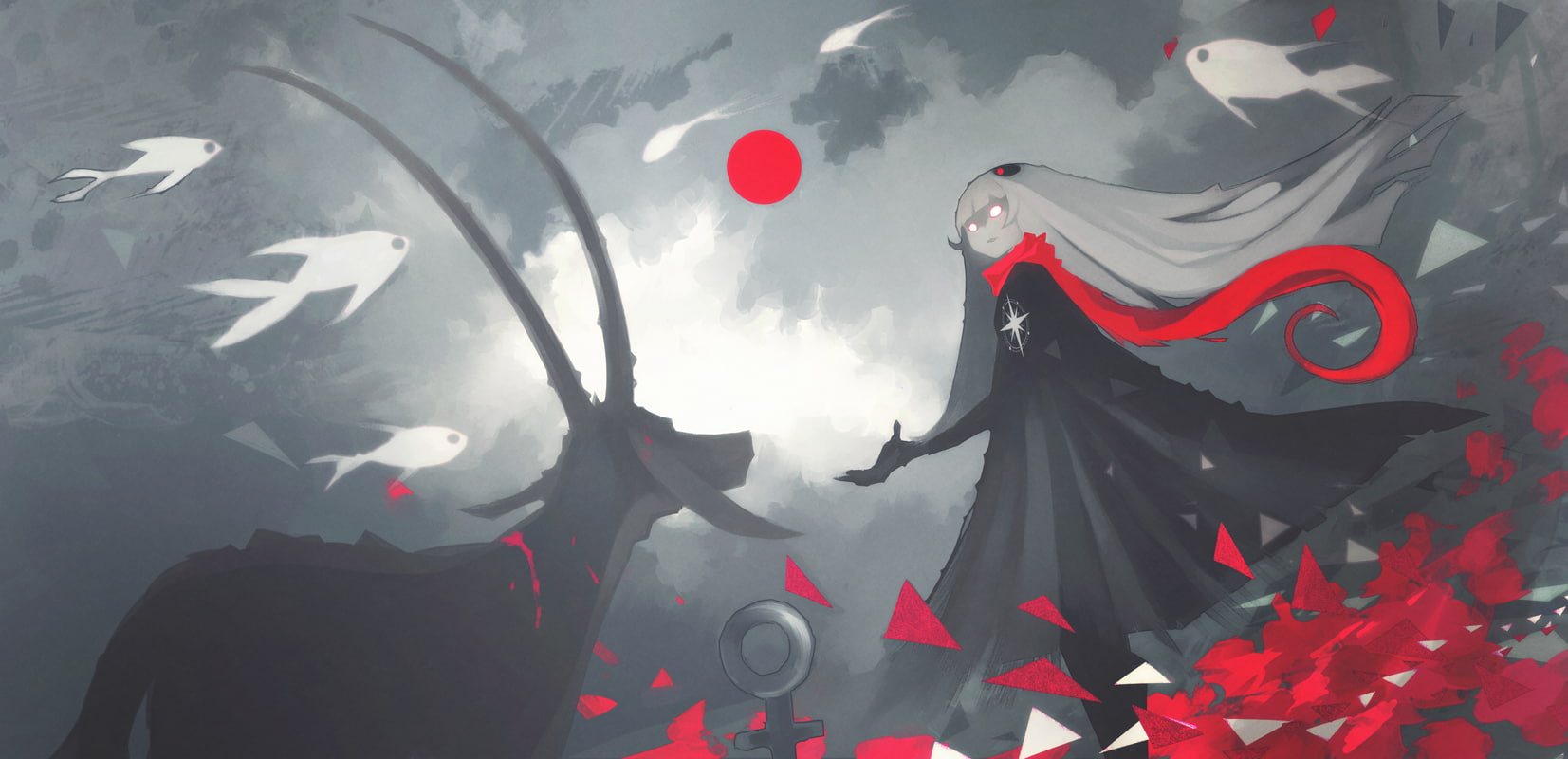 goat, cloud - sky, 720P, white hair, devil, sky, celebration, outdoors, transportation, day, flying, art and craft, red, Anime, mode of transportation, HD Wallpaper