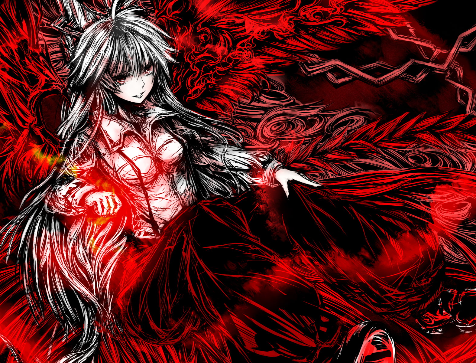 mokou, acryl, red, eyes, polychromatic, bow, fujiwara, hair, touhou, 720P, long, HD Wallpaper