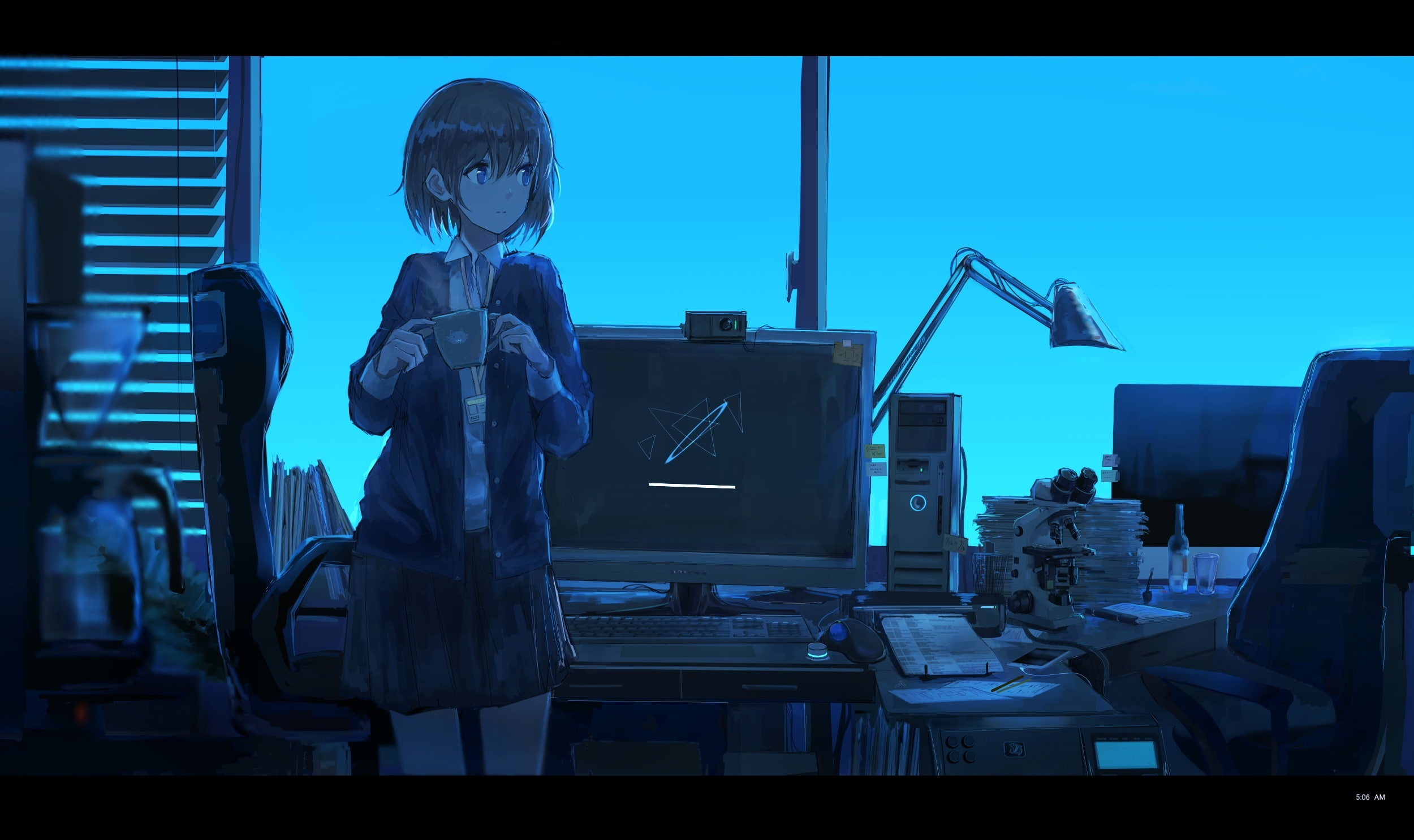 blue, hair, swav, com, 244322, eyes, konachan, black, paper, short, original, 1080P, skirt, polychromatic, dark, computer, drink, HD Wallpaper