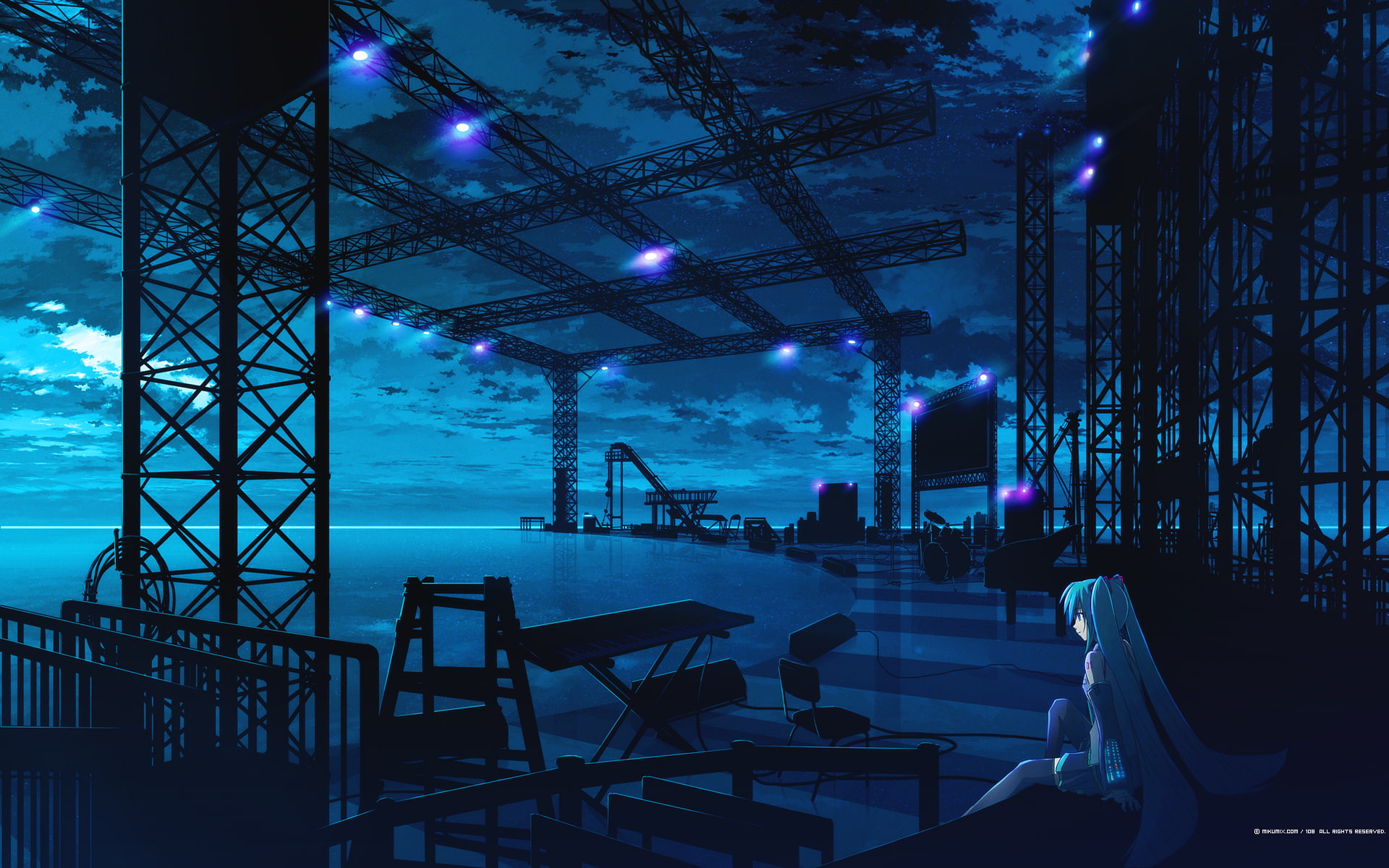 miku, polychromatic, instrument, night, clouds, hatsune, mikumix, vocaloid, blue, drums, 1080P, HD Wallpaper