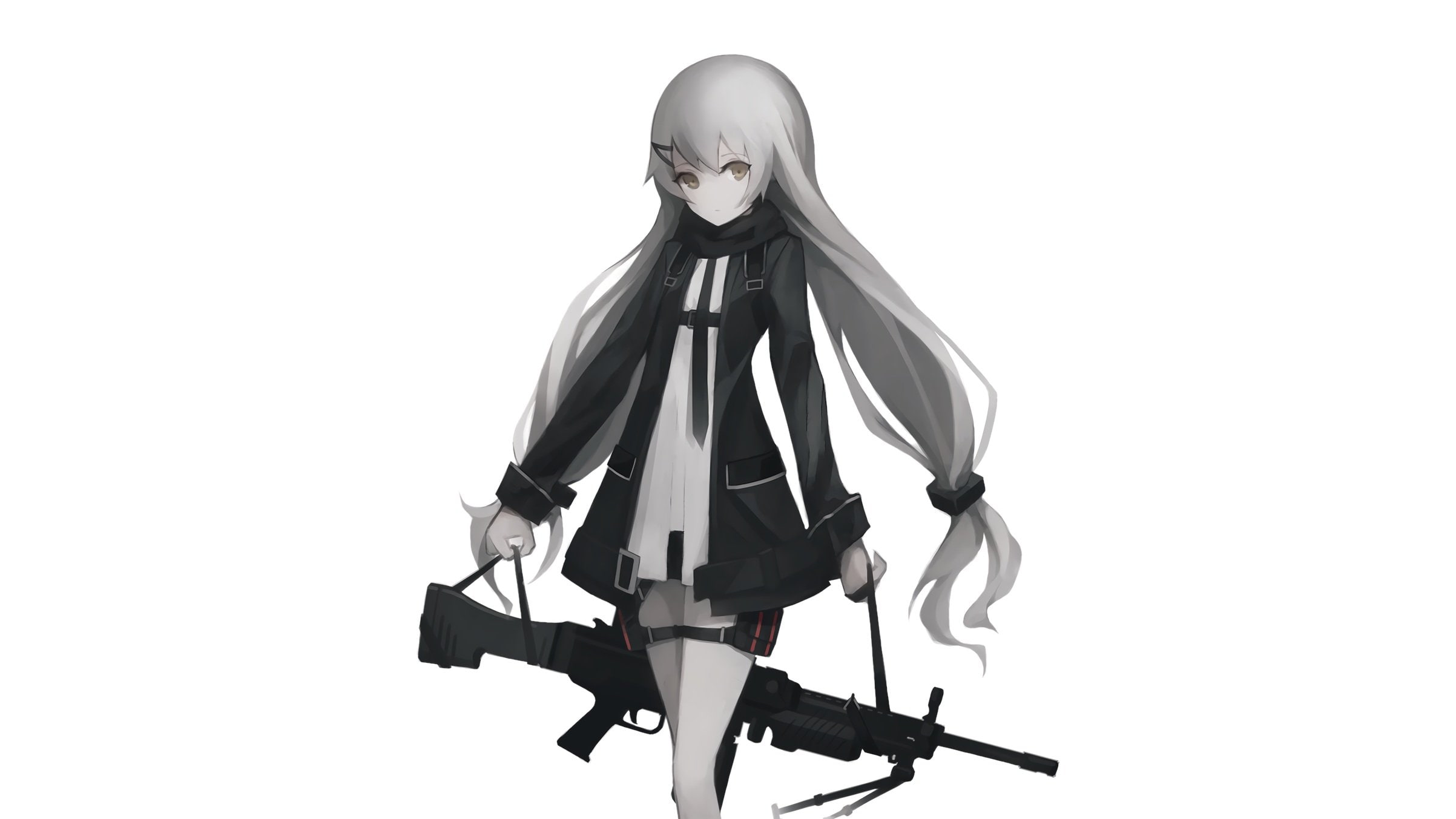 girls, gun, hair, white, twintails, anthropomorphism, gray, weapon, polychromatic, (character), tagme, scarf, gyup, frontline, long, 1080P, HD Wallpaper