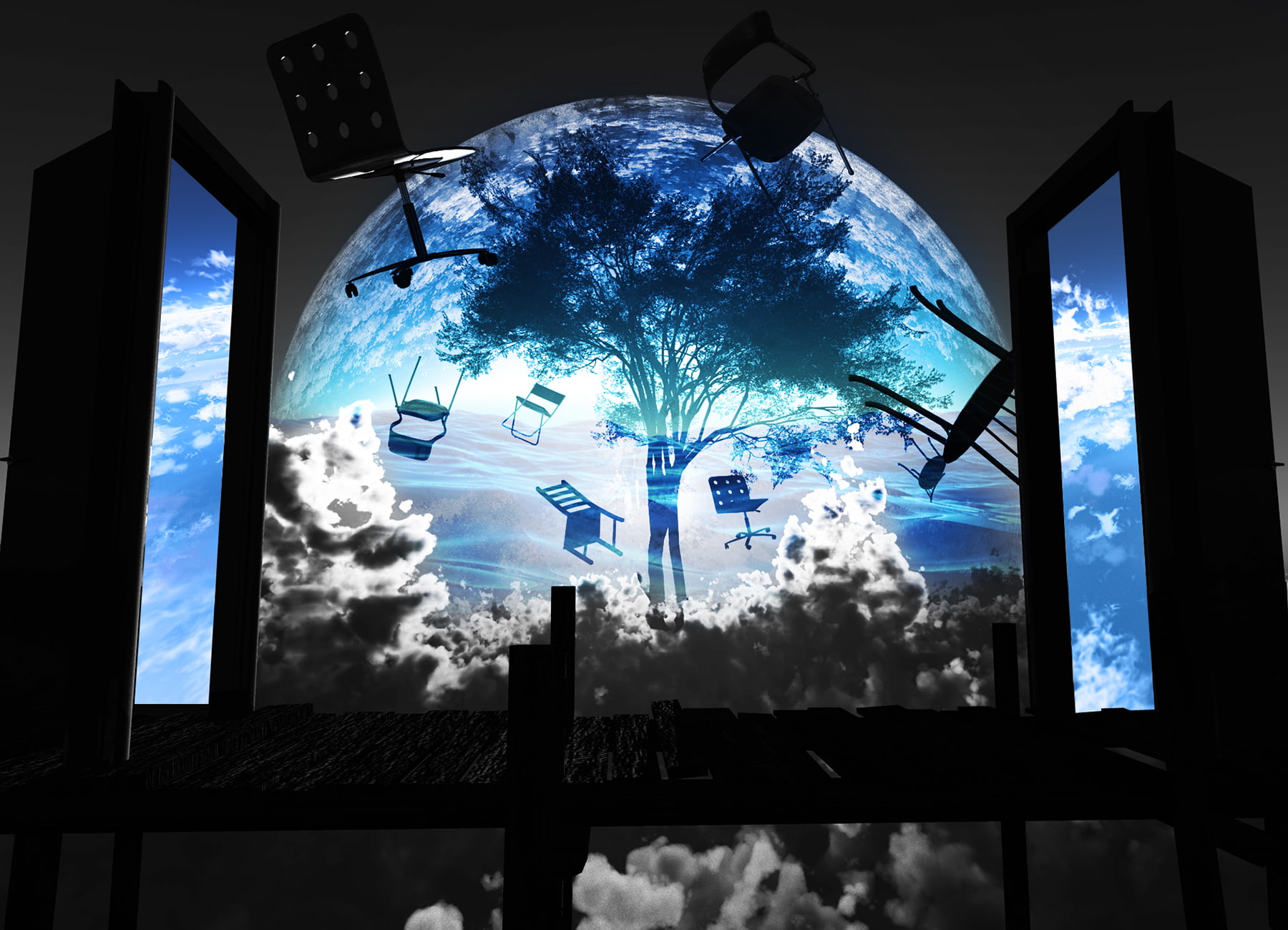 polychromatic, y k, original, 720P, scenic, sky, tree, clouds, HD Wallpaper