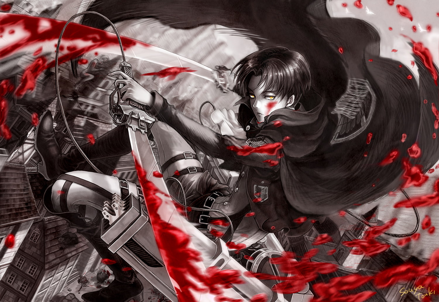 souya, kyojin, shingeki, sword, rivaille, 720P, polychromatic, yellow, blood, eyes, touki, weapon, HD Wallpaper