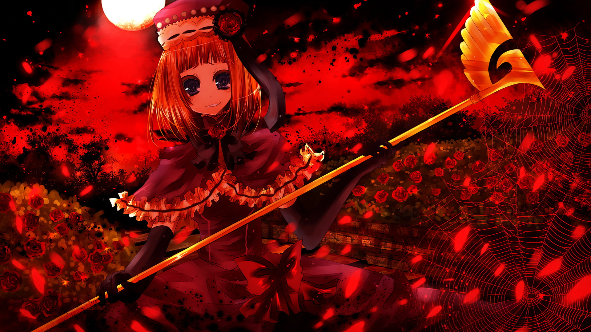 sasagamimomo, umineko, naku, blue, gloves, moon, polychromatic, red, koro, elbow, orange, eva beatrice, hat, flowers, hair, eyes, 1080P, HD Wallpaper