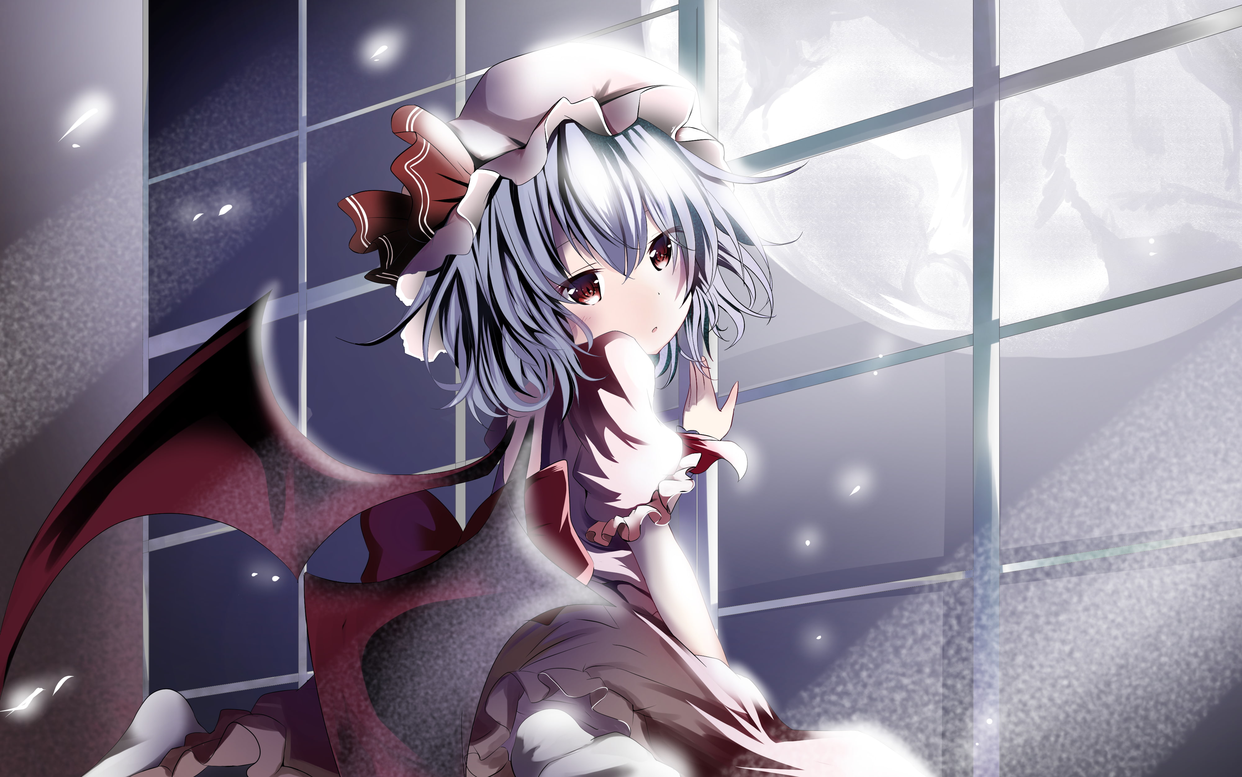 wings, vampire, konachan, dress, moon, scarlet, 4K, 261382, (artist), aliasing, com, blue, short, hair, loli, remilia, tagme, touhou, hat, sky, night, HD Wallpaper