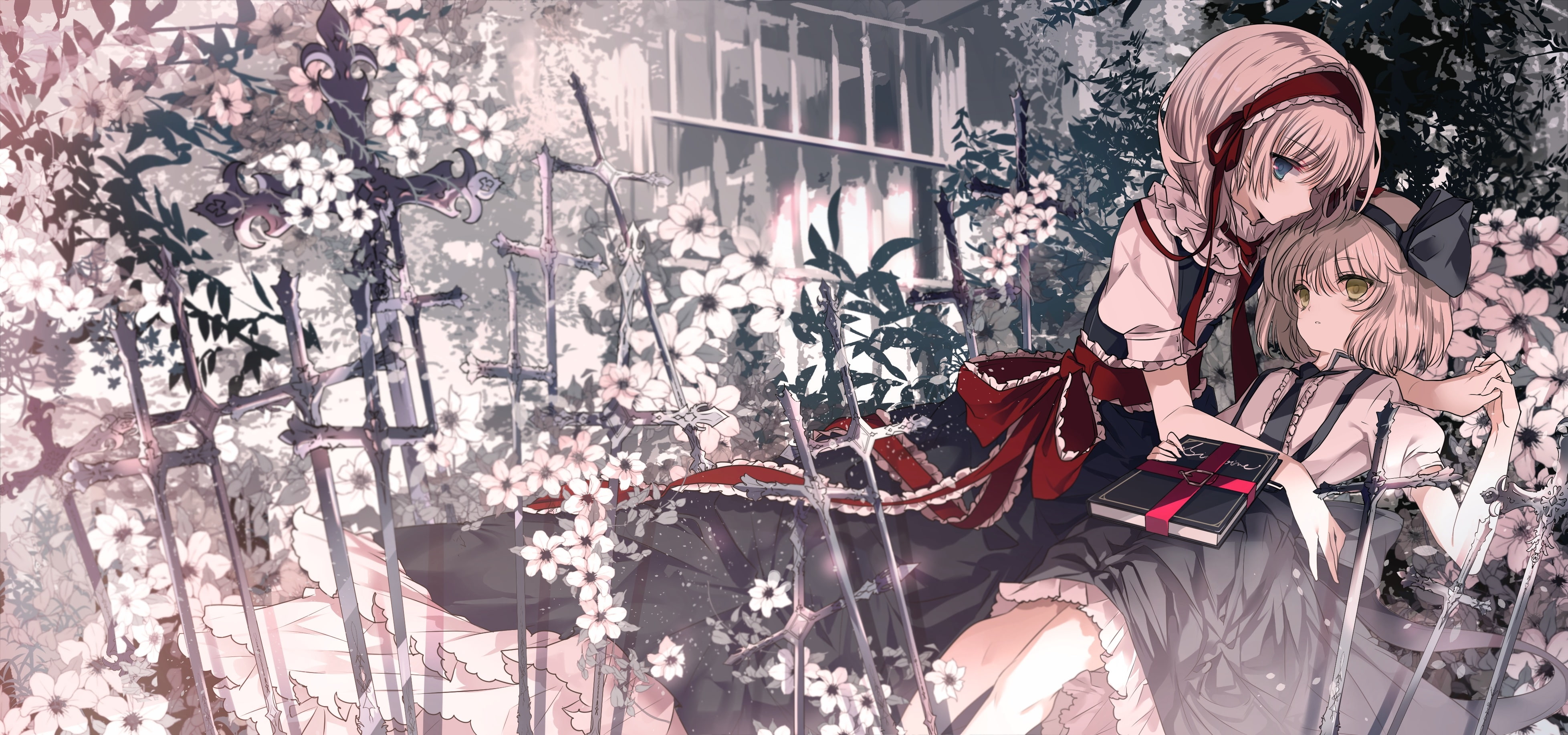 ra-bit, blonde, aliasing, tie, 251672, com, headdress, konachan, ribbons, flowers, yellow, blue, 4K, touhou, alice, headband, dress, hair, eyes, book, HD Wallpaper