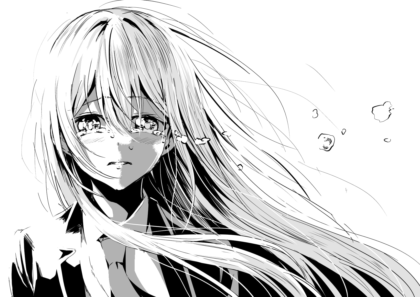 hair, close, 720P, tagme, erabenai, aliasing, monochrome, tears, com, crying, kanojo, long, konachan, sekai, 254106, tie, (artist), HD Wallpaper