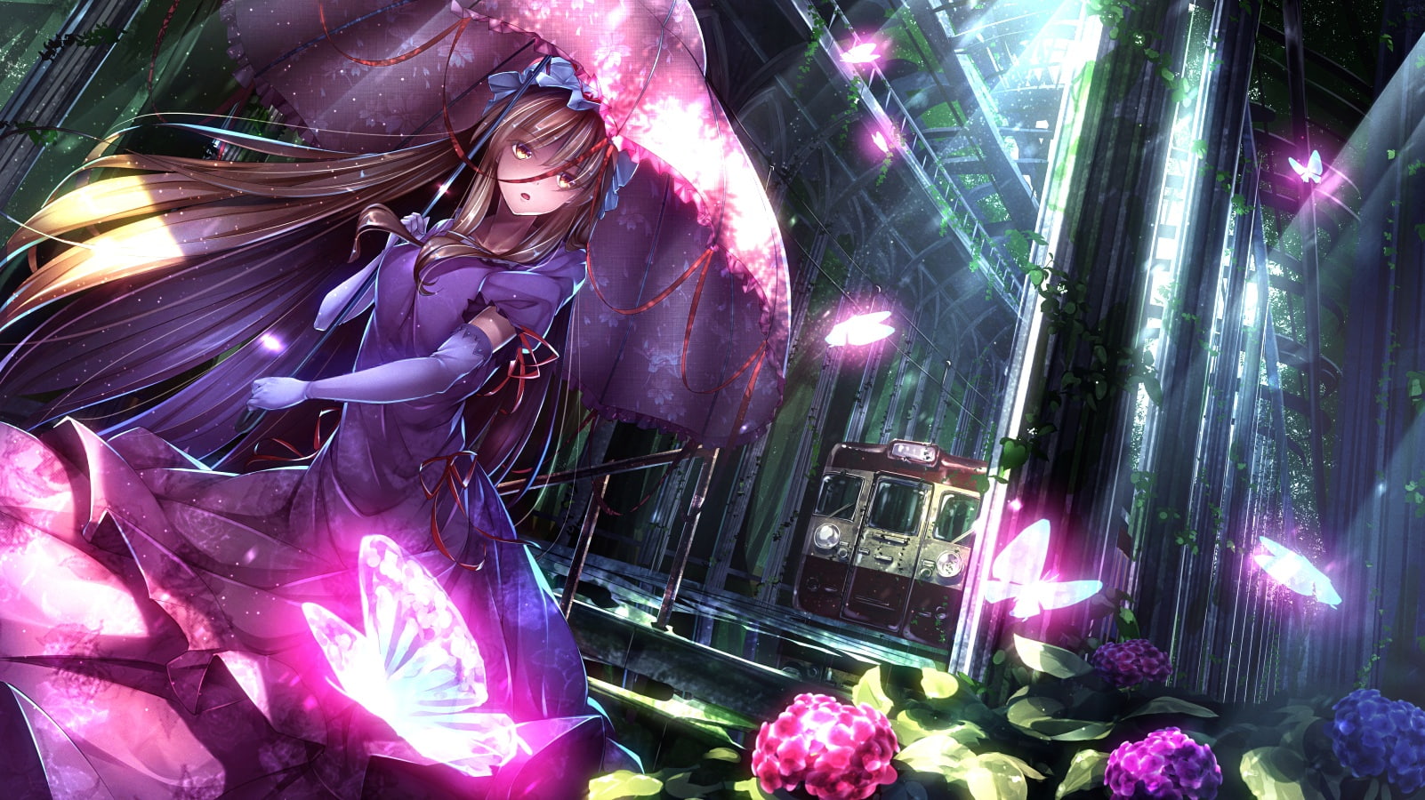 train, aliasing, umbrella, long, elbow, 237794, ryosios, butterfly, dress, konachan, touhou, gloves, yakumo, hair, 720P, flowers, yukari, com, HD Wallpaper
