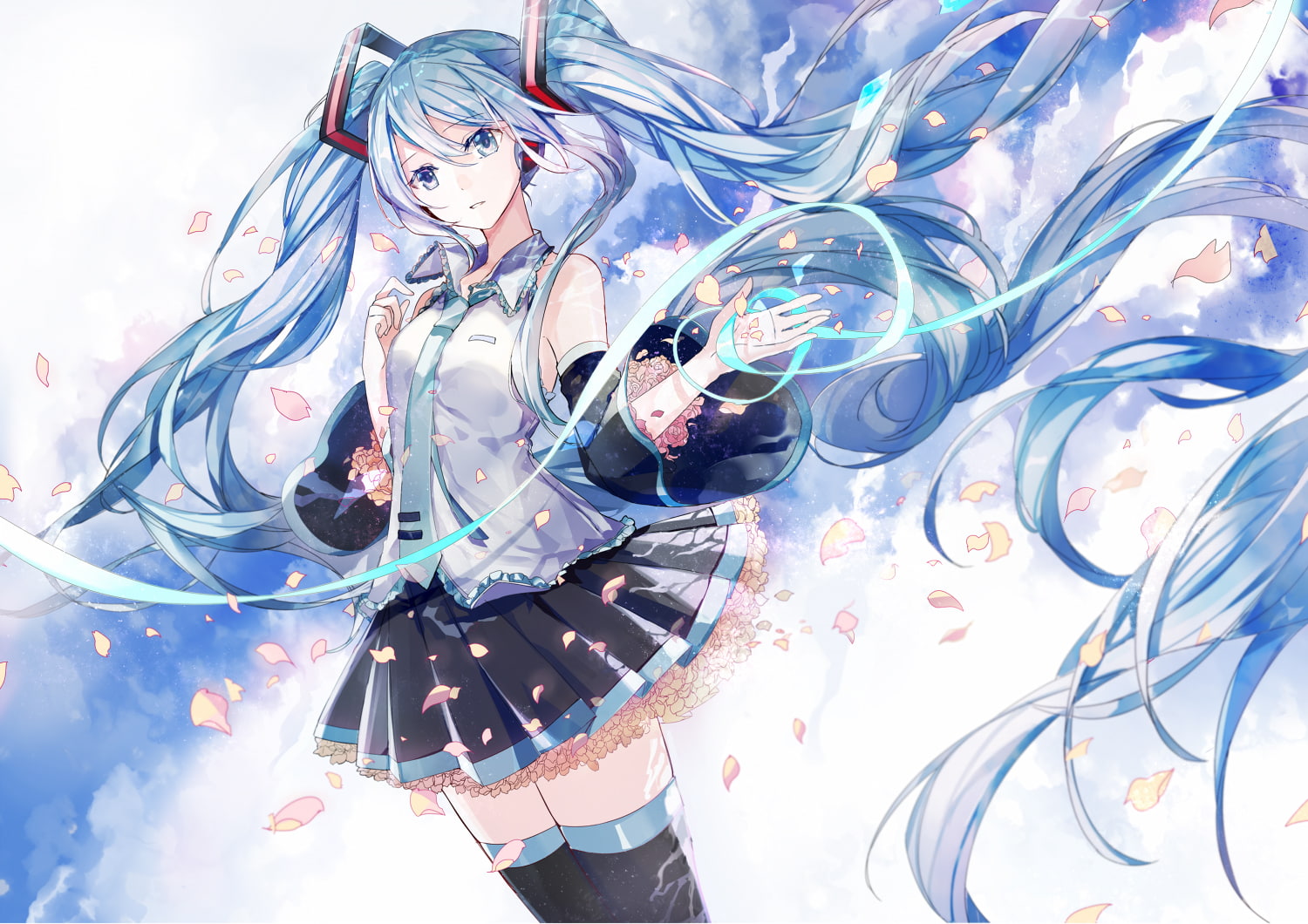 aliasing, tie, twintails, thighhighs, hair, 720P, hatsune, skirt, konachan, eyes, miku, headphones, amatsukiryoyu, aqua, petals, long, com, vocaloid, 255351, HD Wallpaper