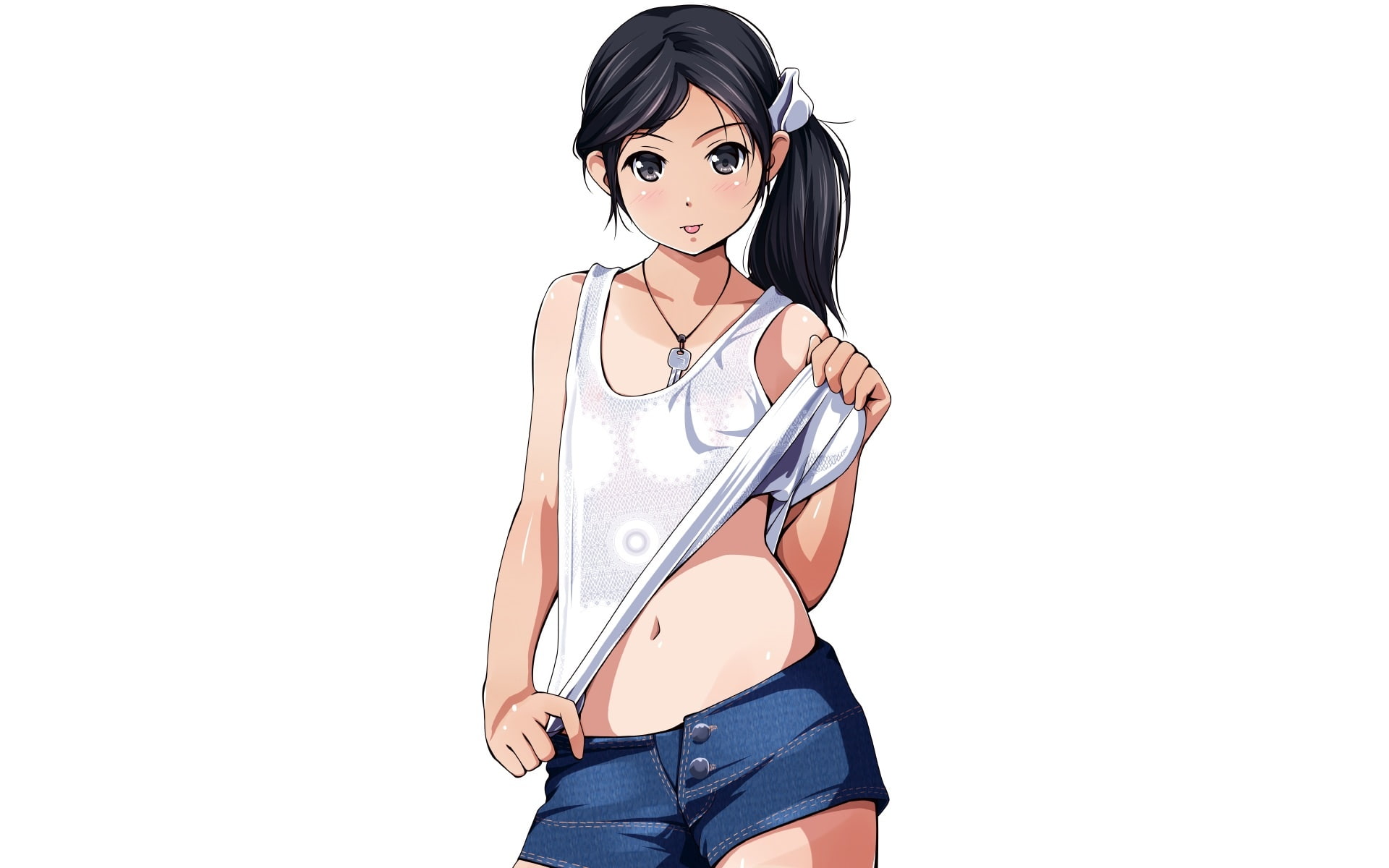 shorts, long, kouyou, 1080P, gray, navel, matsunaga, 237401, ponytail, black, eyes, aliasing, necklace, hair, white, konachan, com, blush, original, HD Wallpaper