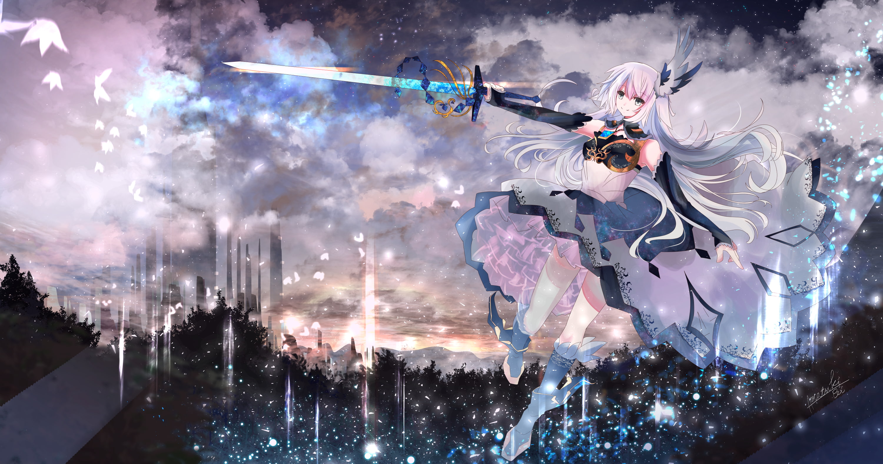 hair, armor, 2K, sky, com, 257998, original, konachan, eyes, weapon, long, gloves, aliasing, building, magic, sword, animal, signed, clouds, tree, boots, HD Wallpaper
