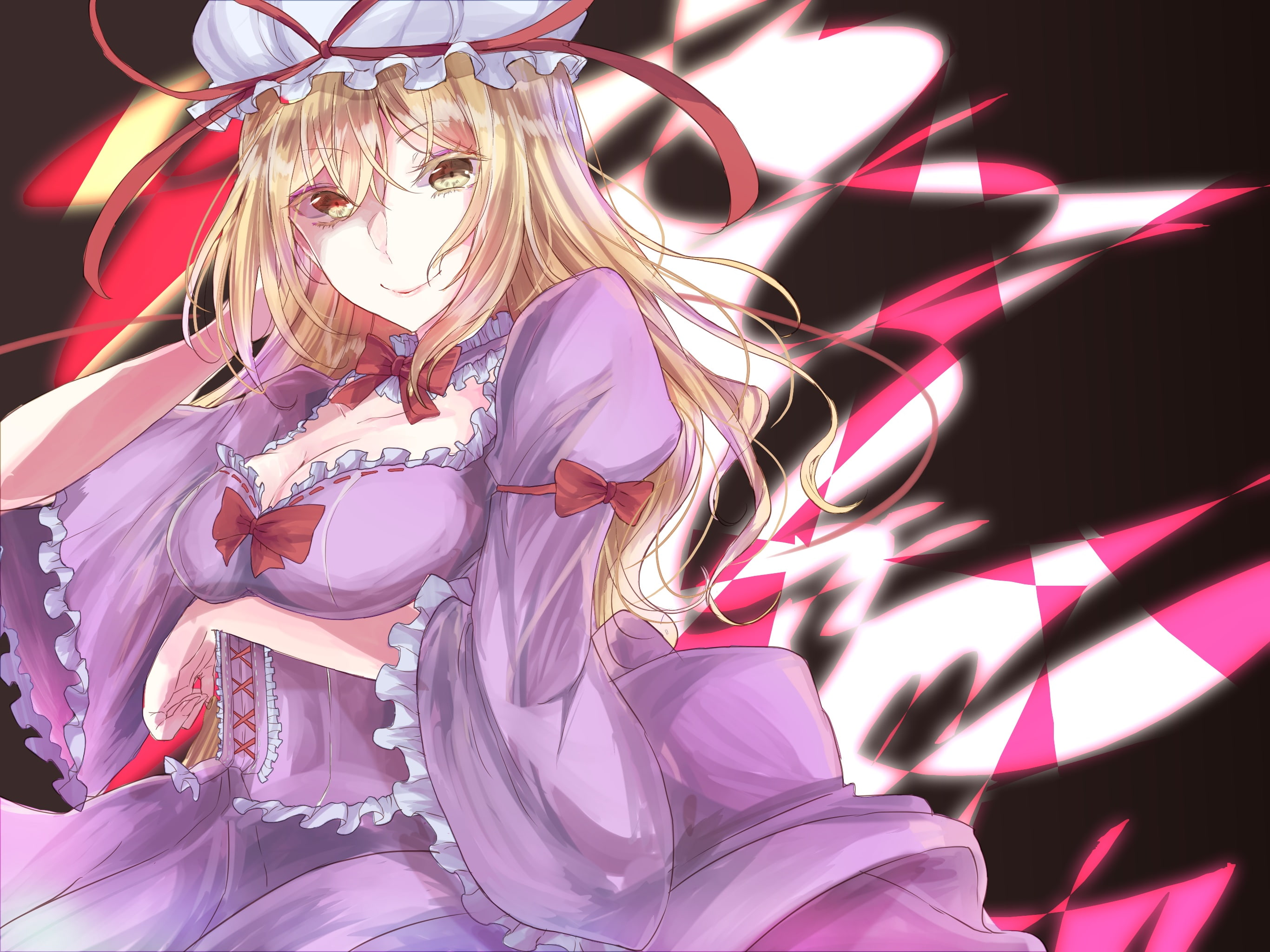 hat, hair, yellow, eyes, blonde, yakumo, long, yukari, konachan, 254223, bow, touhou, com, aliasing, setsu, amekawa, dress, 2K, ribbons, HD Wallpaper