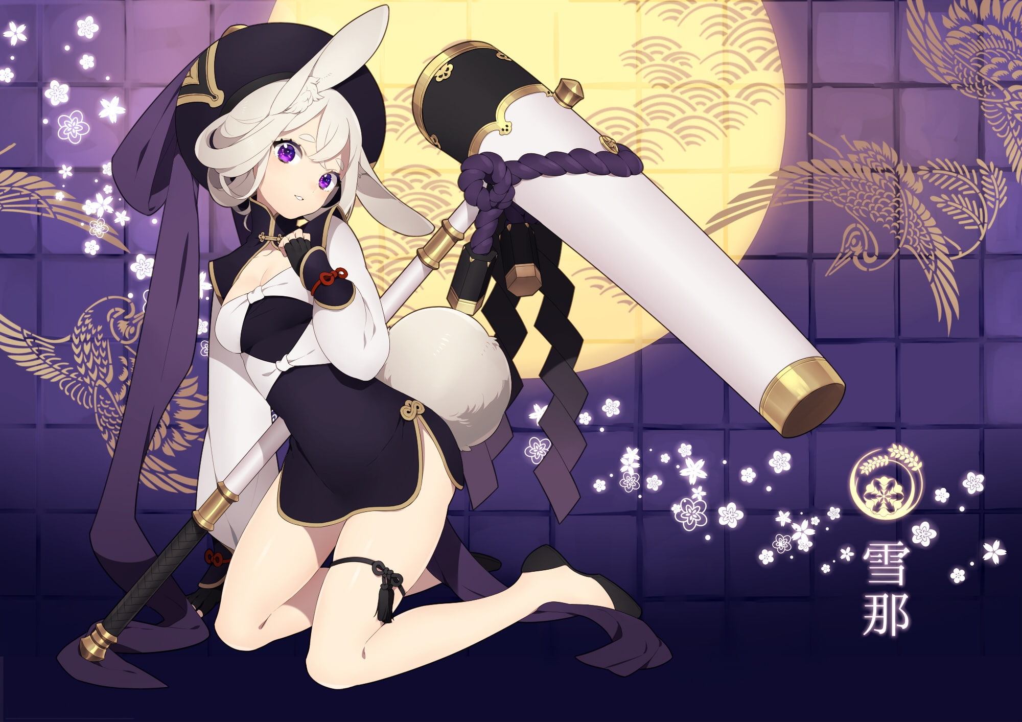com, (asahi, gray, nini), breasts, original, ears, purple, dress, hair, 237075, gloves, eyes, weapon, aliasing, tail, bunnygirl, garter, 1080P, bunny, HD Wallpaper