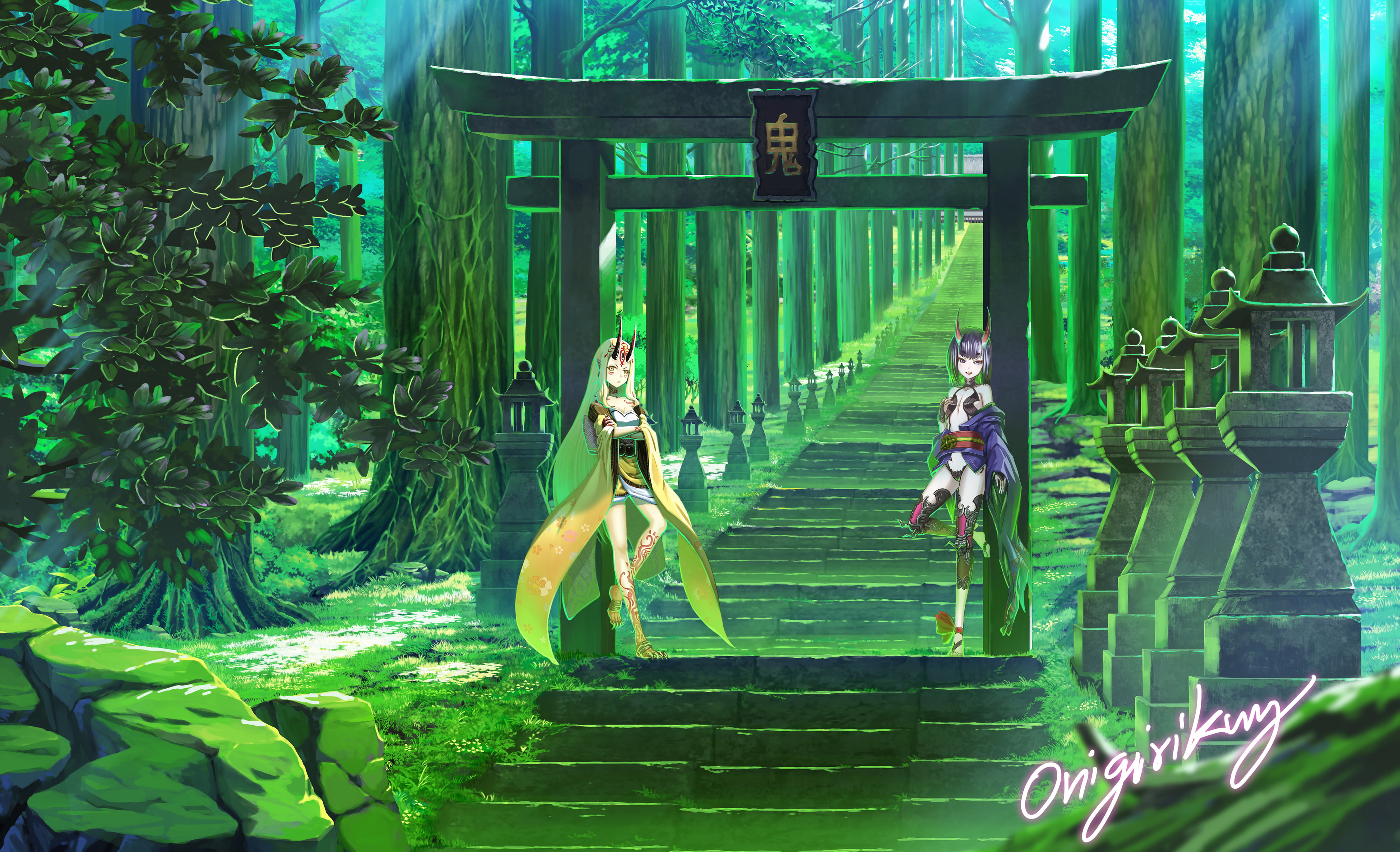 tattoo, 2girls, long, short, demon, onigirikun, tree, aliasing, hair, 256512, forest, horns, kimono, scenic, com, gloves, landscape, stairs, 4K, signed, HD Wallpaper