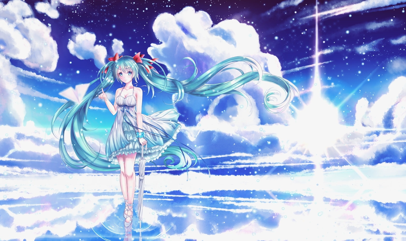 sky, long, 243998, breasts, 720P, cleavage, miku, (artist), tagme, umbrella, clouds, hatsune, ribbons, hair, konachan, aliasing, vocaloid, dress, reflection, HD Wallpaper